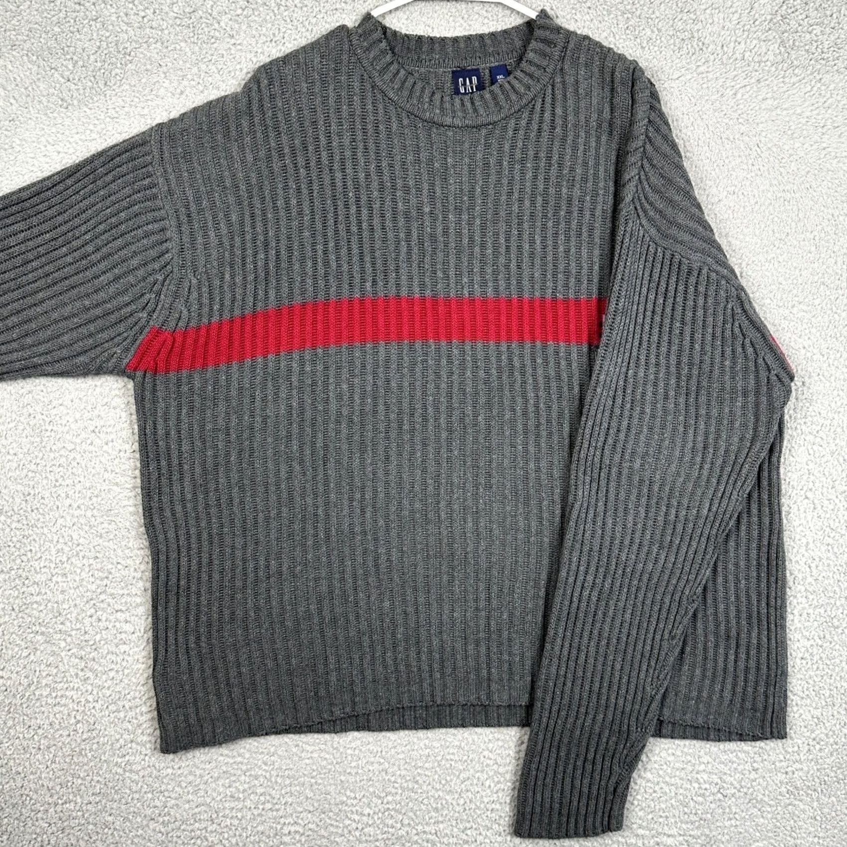 Gap GAP Sweater Men XXL Ribbed Knit Crew Neck Gray Red Stripe Pullover Casual Knitwear All Seasons Mens Size US XXL / EU 58 / 5 - 2 Thumbnail