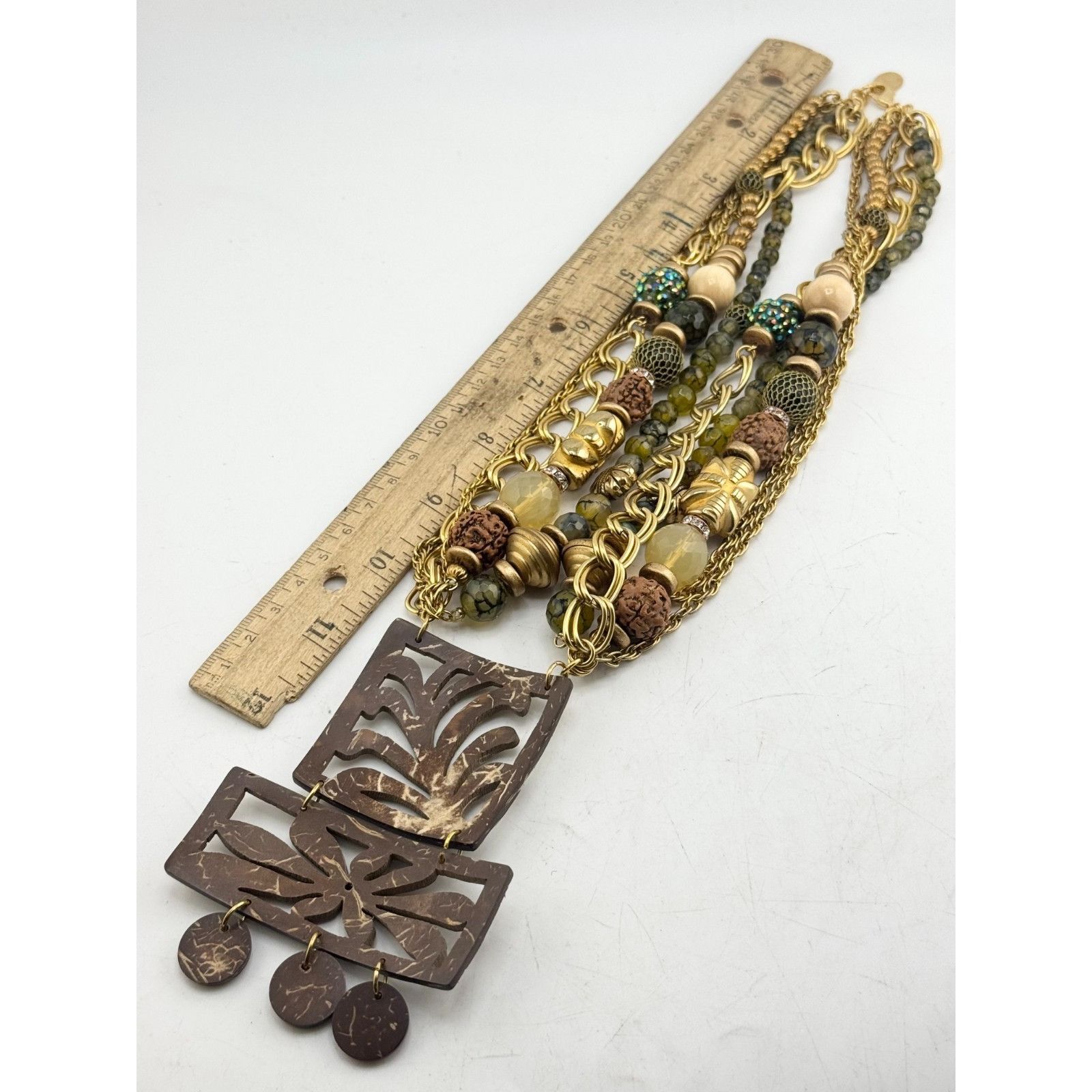 Vintage Vintage multi strand green glass beaded bamboo wood pendant Size ONE SIZE - 5 Thumbnail