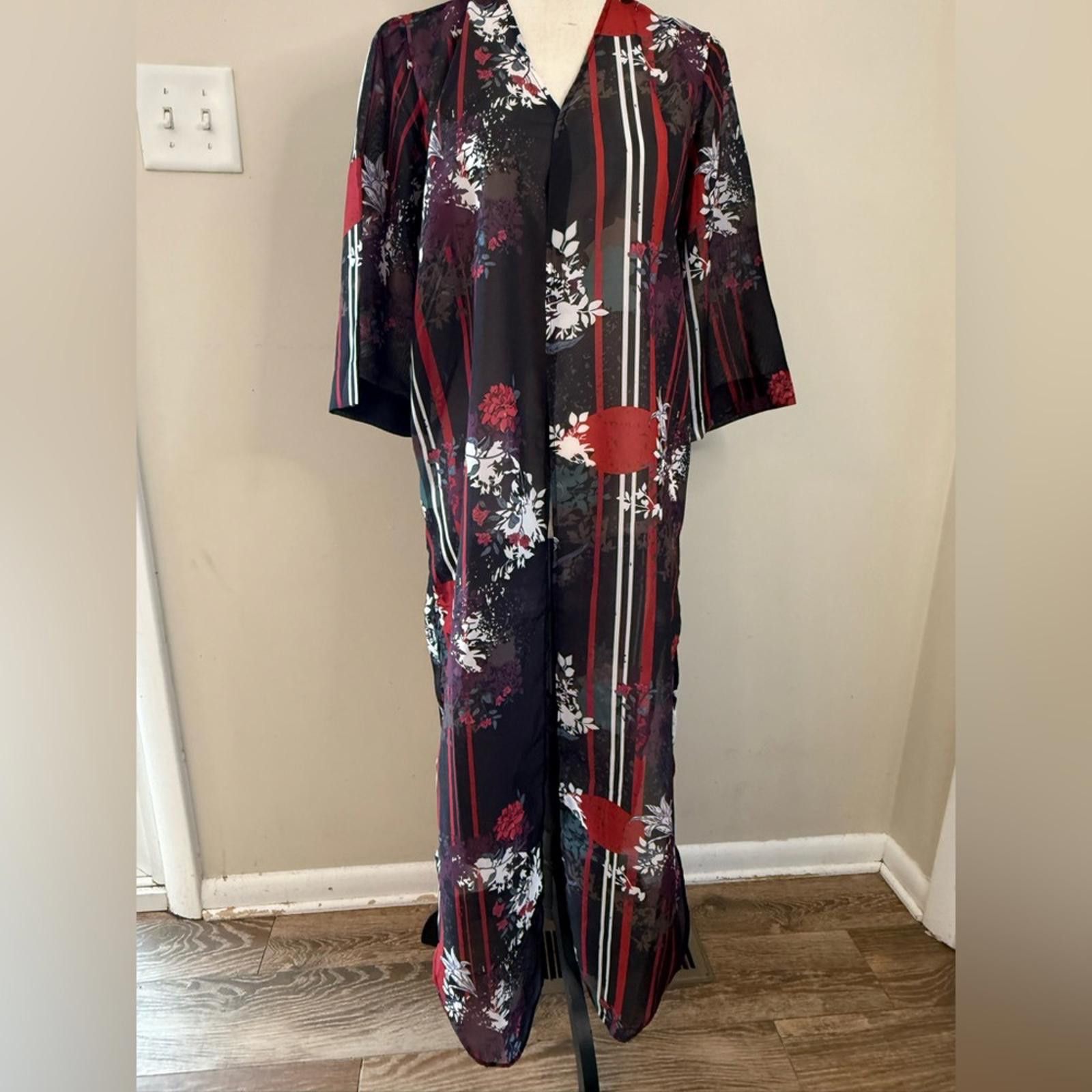 Other Colleen Lopez floral striped kimono cover up black red SZ XS Size ONE SIZE - 5 Thumbnail