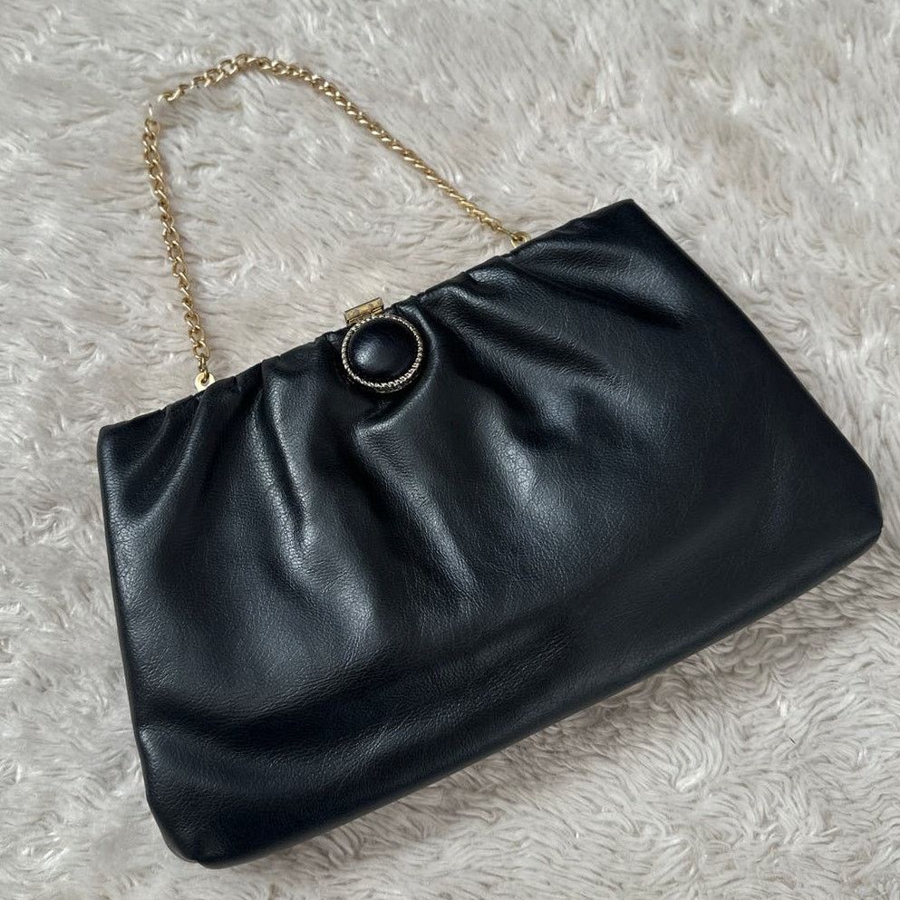 Nordstrom 80's Black Leather Clasp Gold Purse Handbag Evening Clutch, Women's