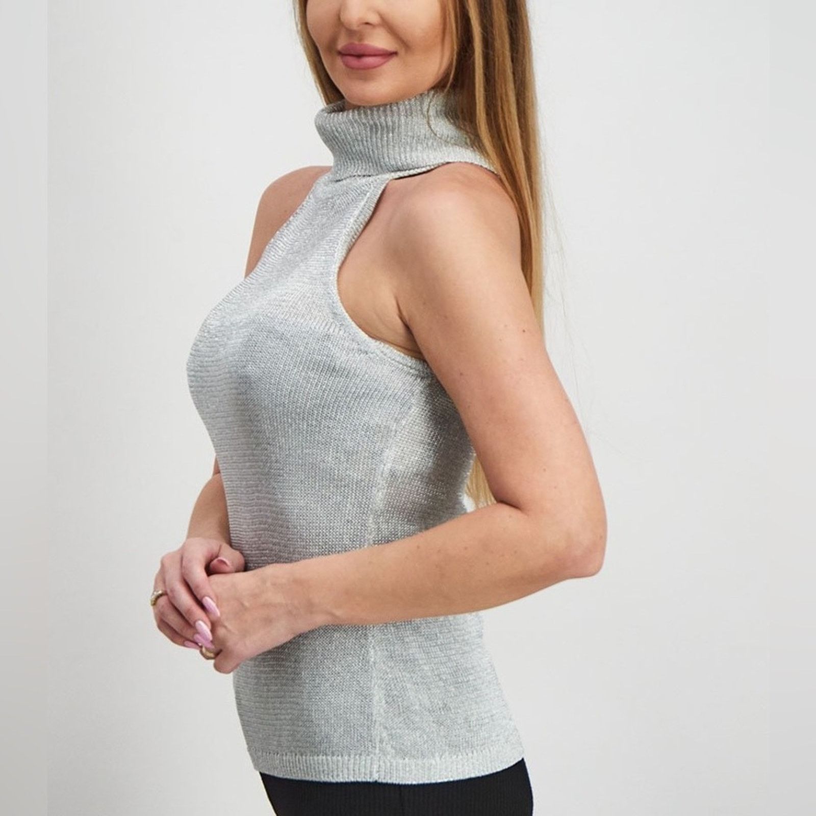 Guess GUESS Silver Glitter Knit Turtleneck Sleeveless Top Stretchy Size XS / US 0-2 / IT 36-38 - 2 Thumbnail