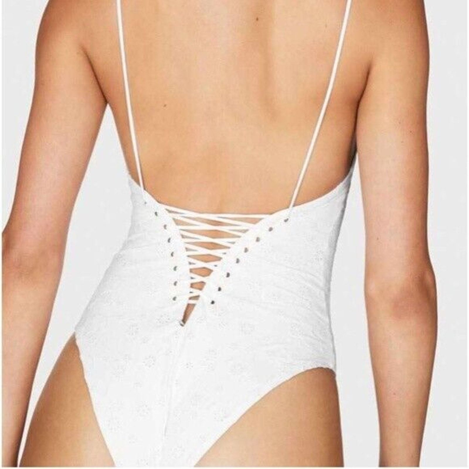 The Unbranded Brand Bond Eye Women White Eyelet Laced Back Swimsuit Size L Size ONE SIZE - 4 Thumbnail