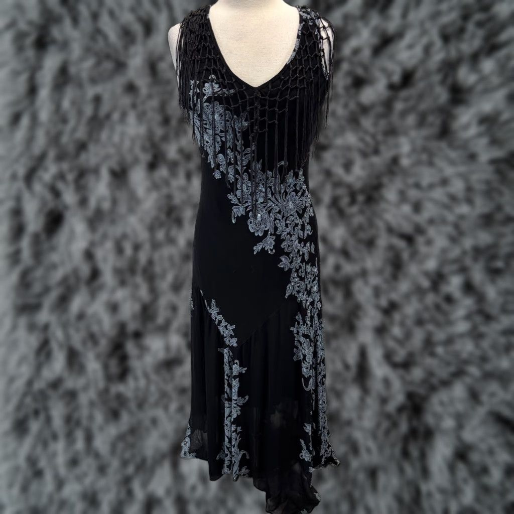 Vintage VINTAGE Dressbarn Y2K Maxi Dress Small Black Floral Fringe Beaded Whimsigoth Fairy Womens Size S / US 4 / IT 40 - 1 Thumbnail