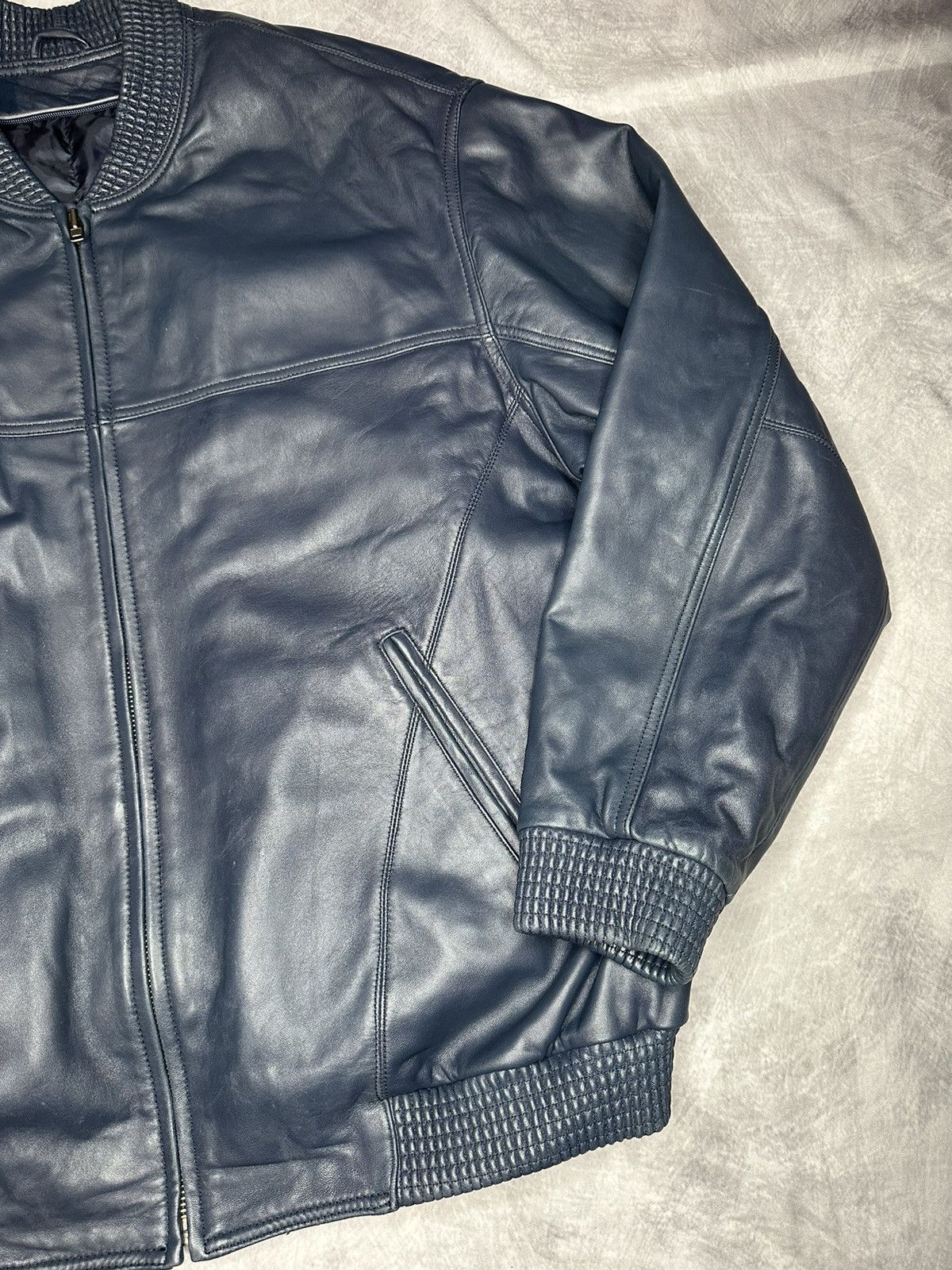 Other Leather Bomber Jacket Navy Blue Zip Pockets Size US XXL / EU 58 / 5 - 3 Thumbnail