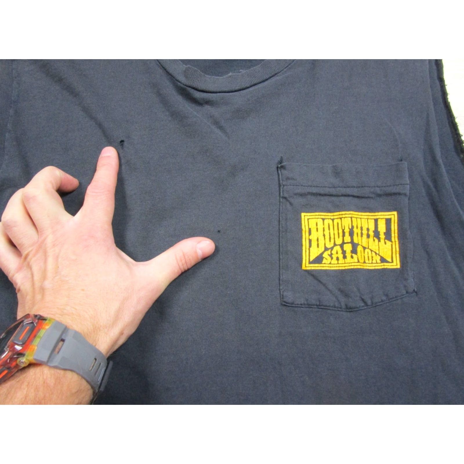 VINTAGE Boothill Saloon Daytona Beach 90s Graphic Pocket T Shirt (L) Motorcycle Shirt Men Black Cotton