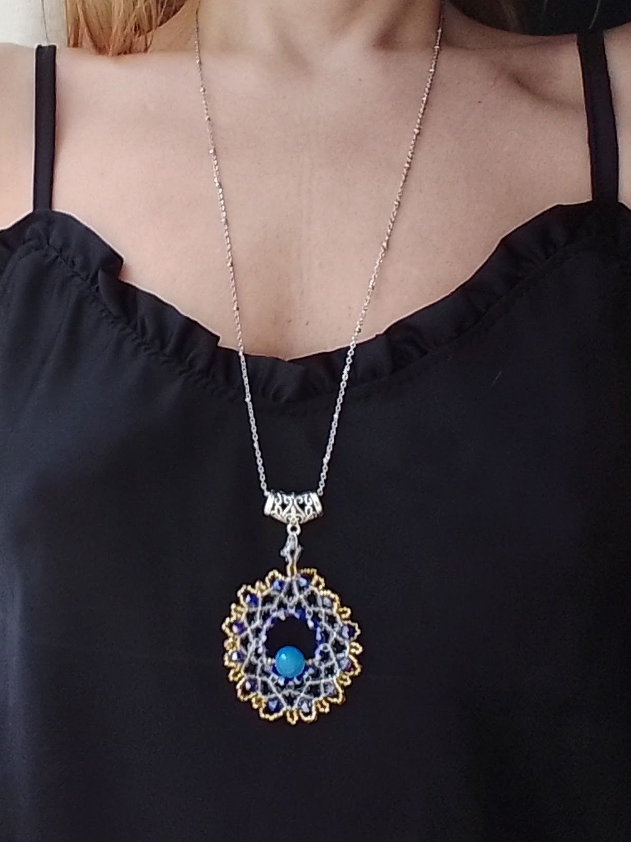 Handmade Long Necklace. Rhodium plated. Blue agate gemstones pendant Size ONE SIZE - 9 Thumbnail