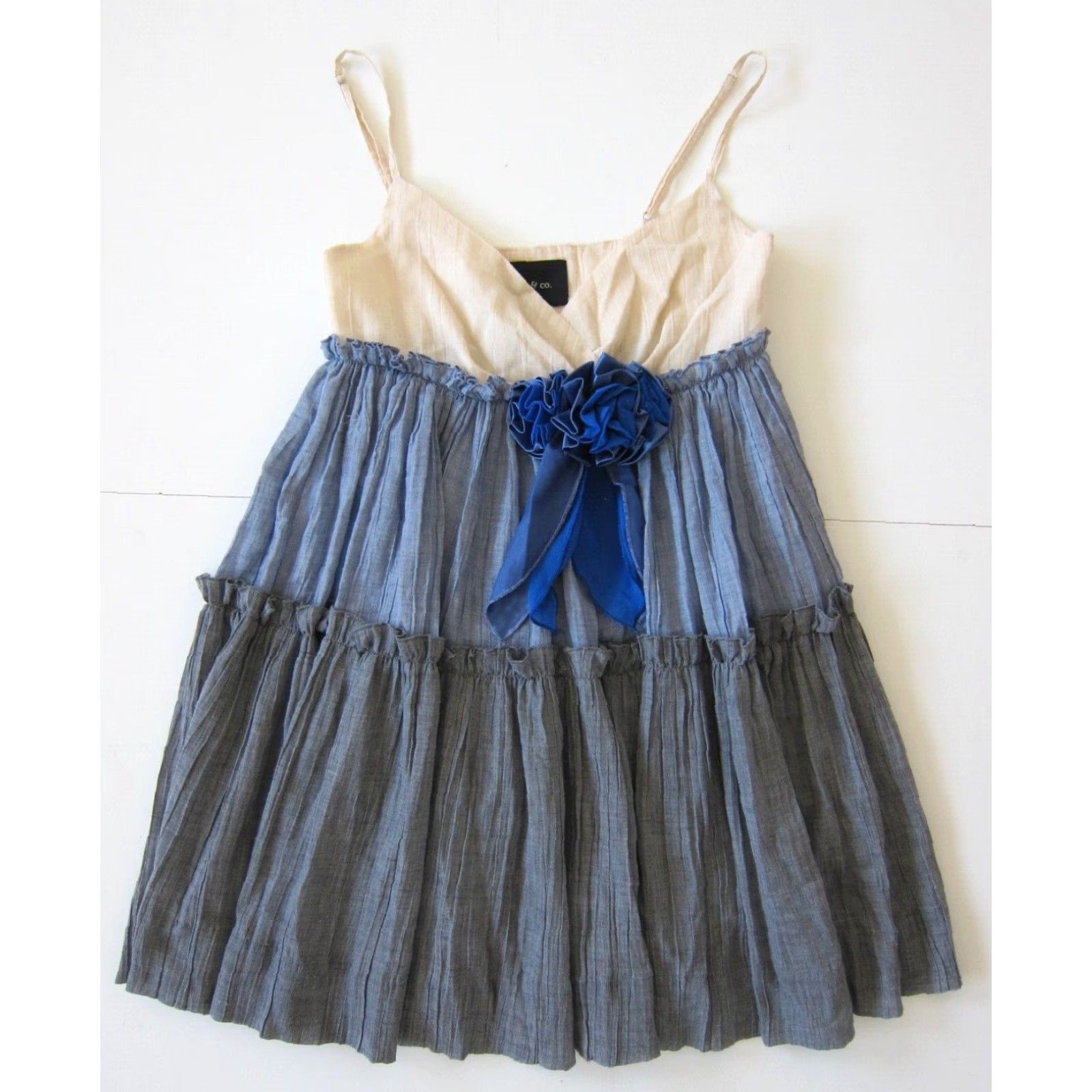 Vintage Ark & Co. Blue Ivory 100% Cotton Spaghetti Strap V-Neck Ruffle Sun Dress Small Womens Size S / US 4 / IT 40 - 2 Thumbnail