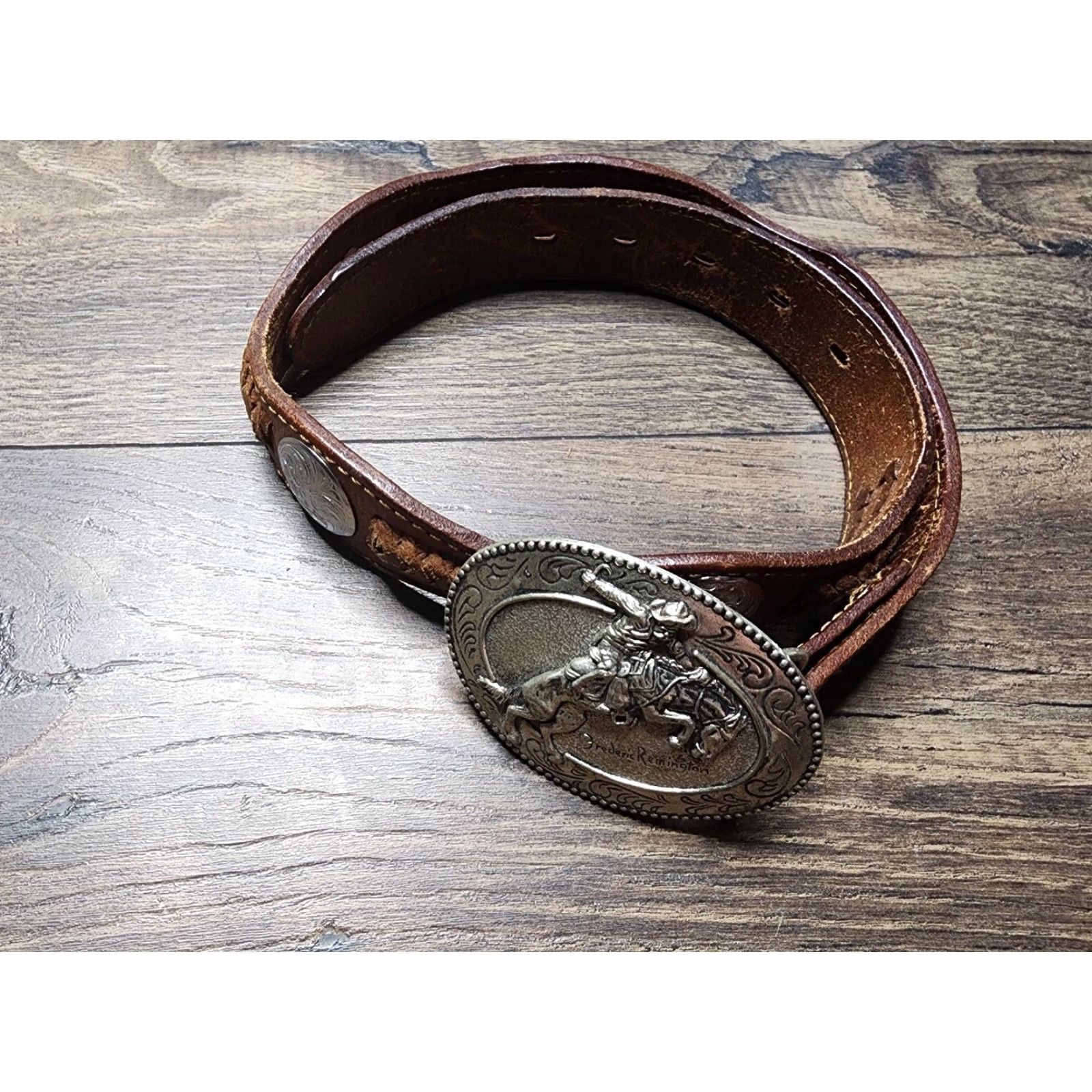 Vintage Frederic Remington Art Museum The Broncho Buster Belt Buckle Size 26 Leather Silver Cowboy & Western Vintage Original Mens/Unisex Size ONE SIZE - 8 Thumbnail