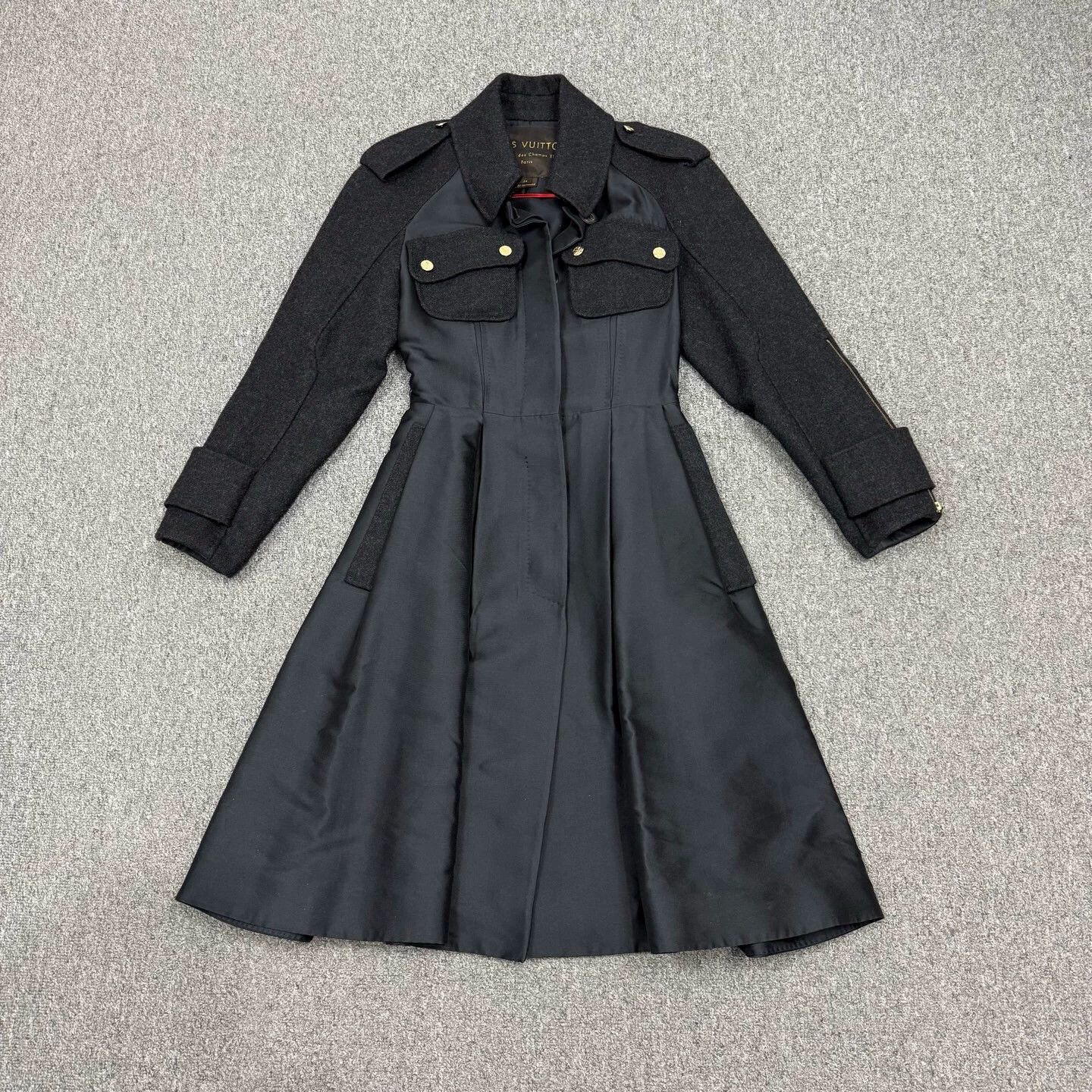 Louis Vuitton black wool gold button Monogram overcoat 34