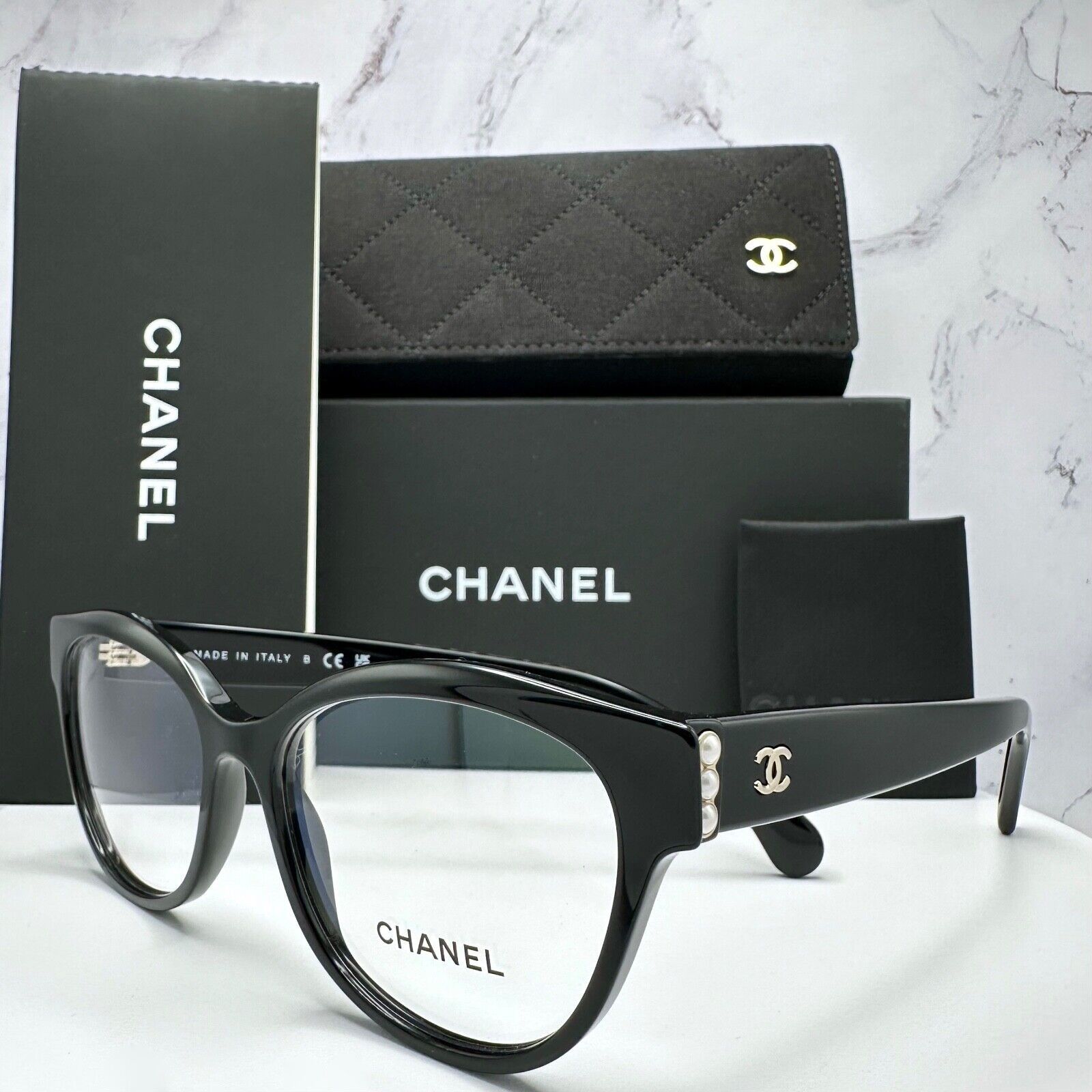 New Chanel Eyeglasses Black Gold CC Logo Pearls Rx-able