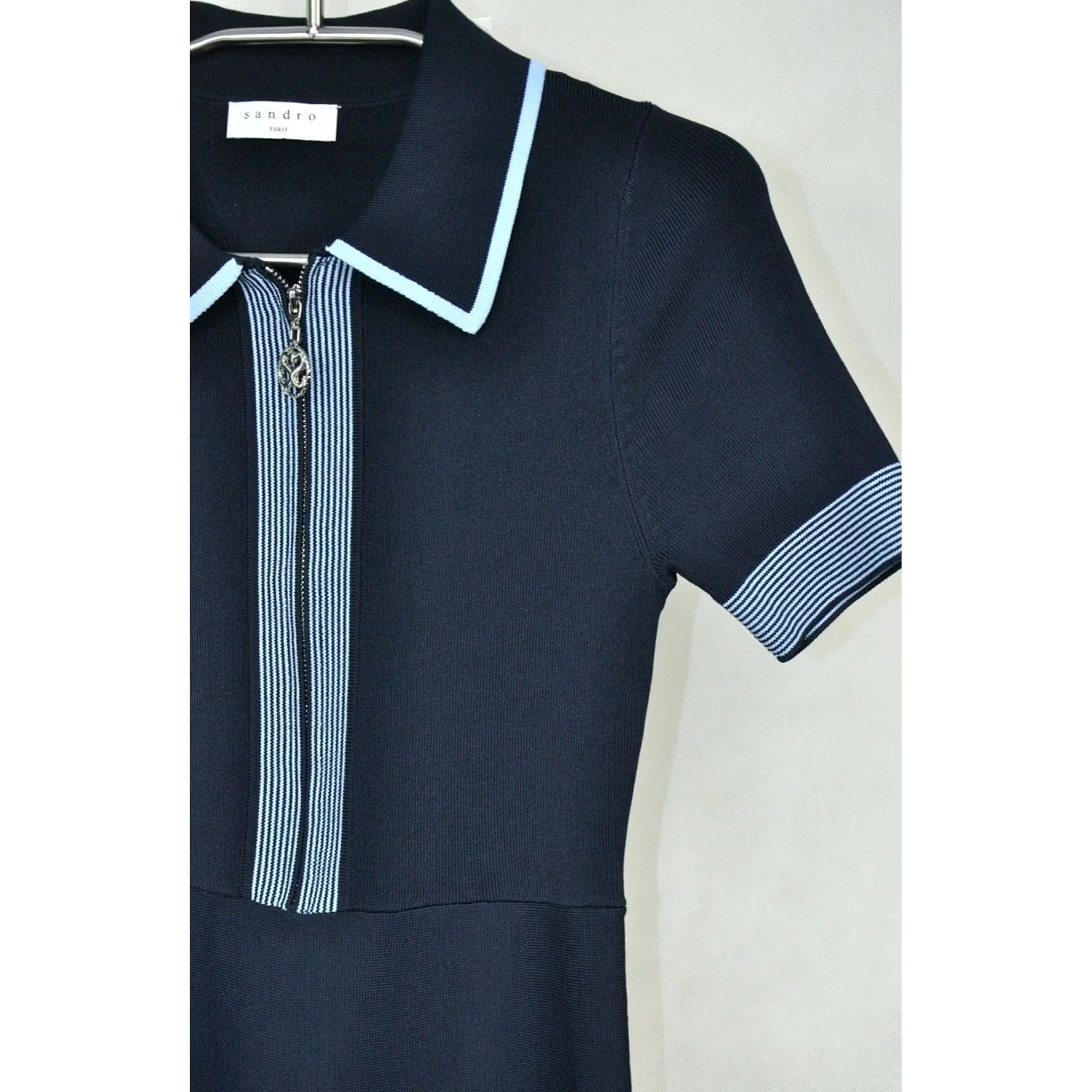 Sandro Sandro Dress Mini Striped-knit Blue 36 Women's Size 36 Short Sleeve Knit Pattern Striped 54%Viscose 44%Polyamide 2%Elastane Black? Size XS / US 0-2 / IT 36-38 - 2 Thumbnail