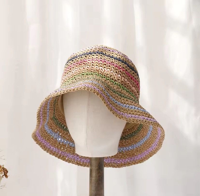 Other Striped Rainbow Straw Crochet Hat Size ONE SIZE - 1 Thumbnail
