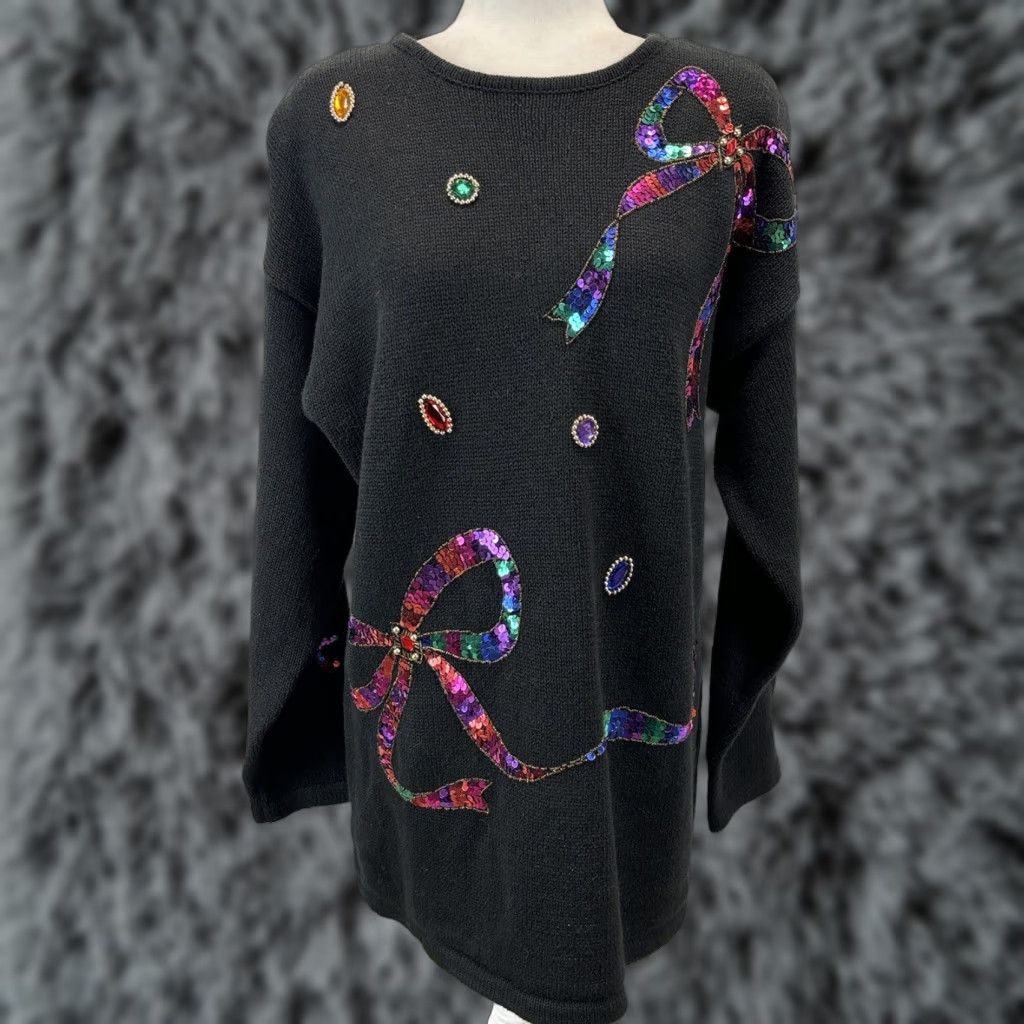 Vintage VINTAGE Karen Scott Embellished Tunic Sweater L Black Knit Sequins Bedazzled 90s Womens Mens Girls? Size L / US 10 / IT 46 - 1 Thumbnail