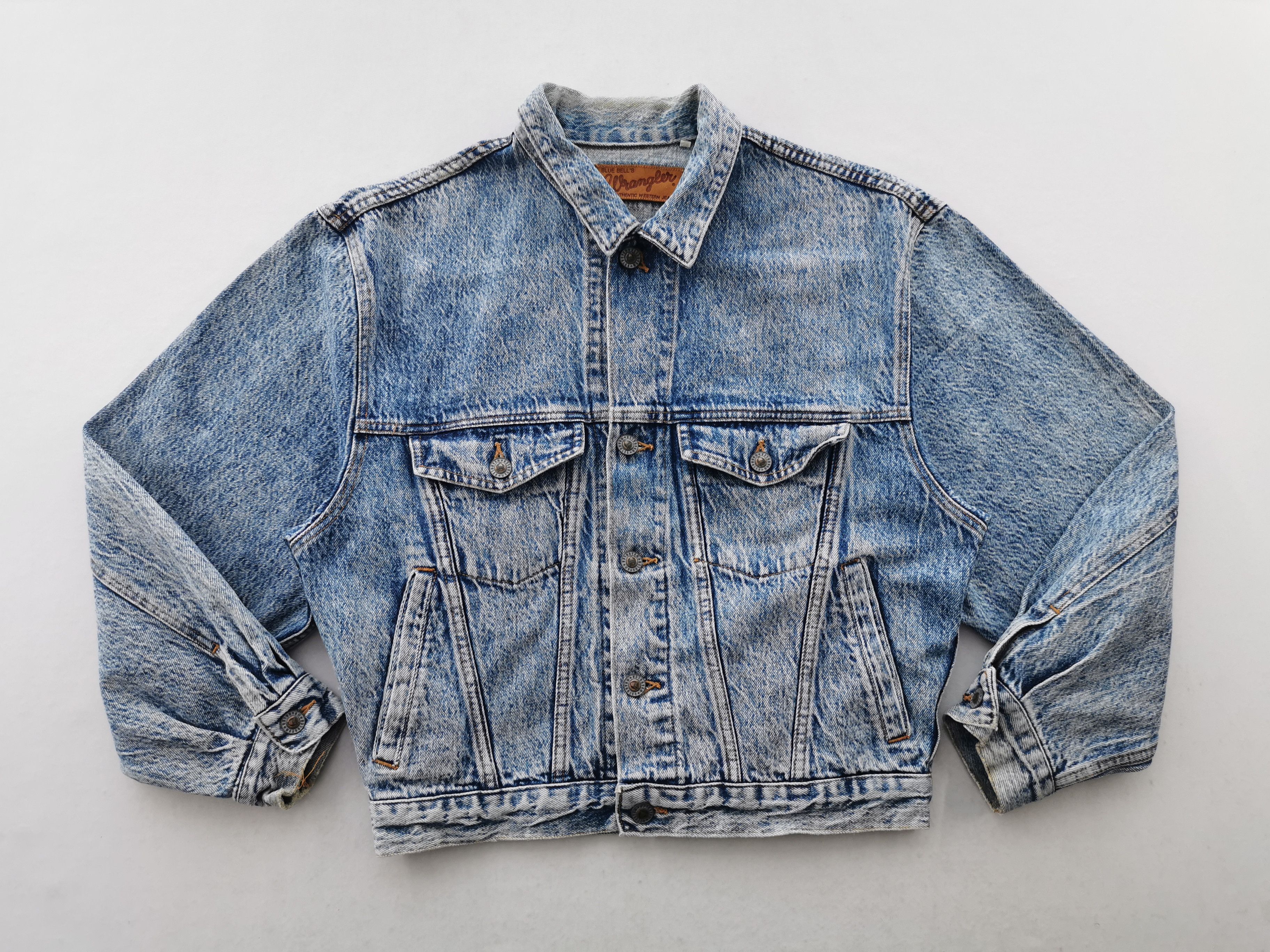 image of Distressed Vintage 90's Wrangler Denim Jacket Made In Japan in Blue, Men's (Size Medium)