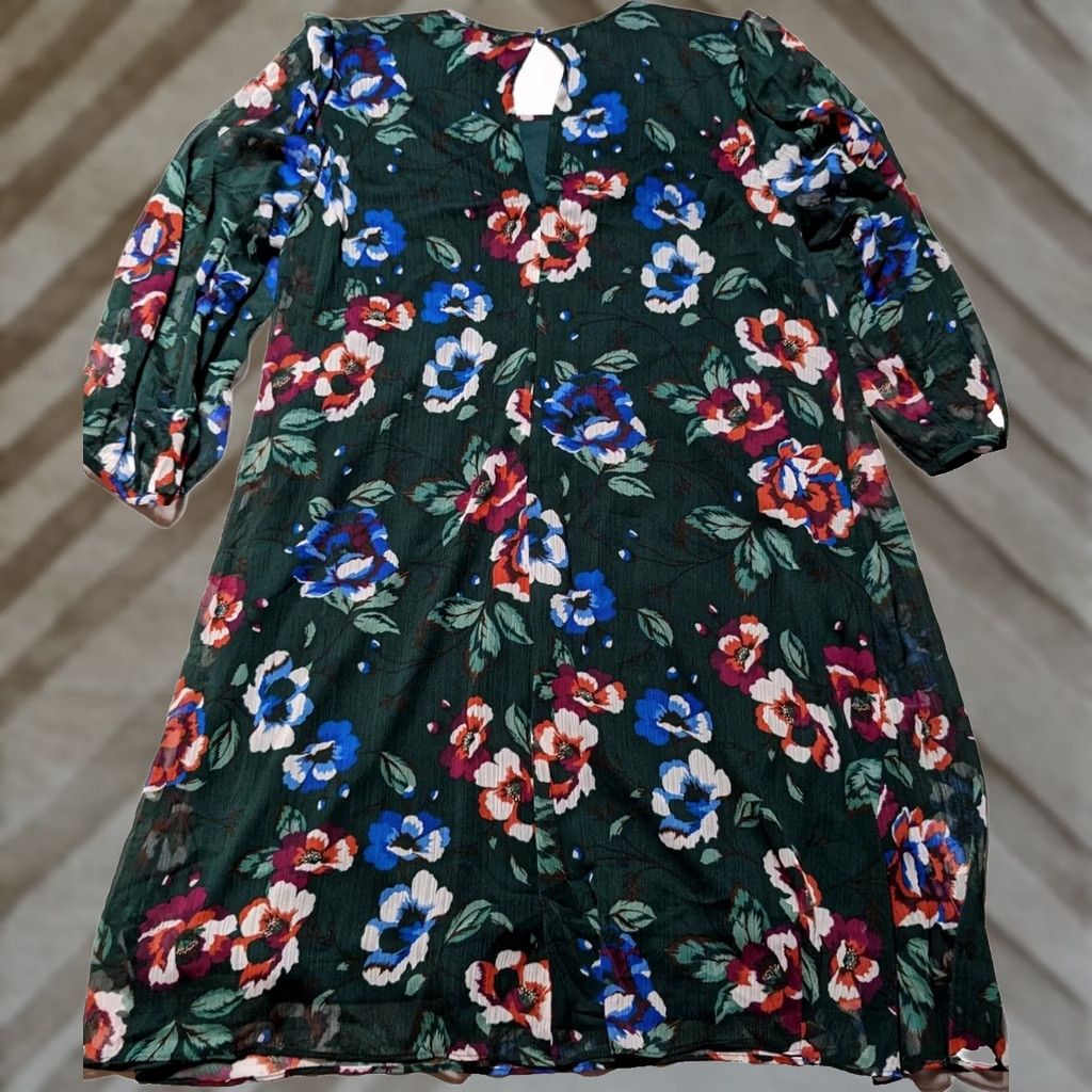 Calvin Klein VINTAGE CALVIN KLEIN Green Floral Balloon 3/4 Sleeve Chiffon Shift Dress Women 8 NEW Size M / US 6-8 / IT 42-44 - 1 Thumbnail