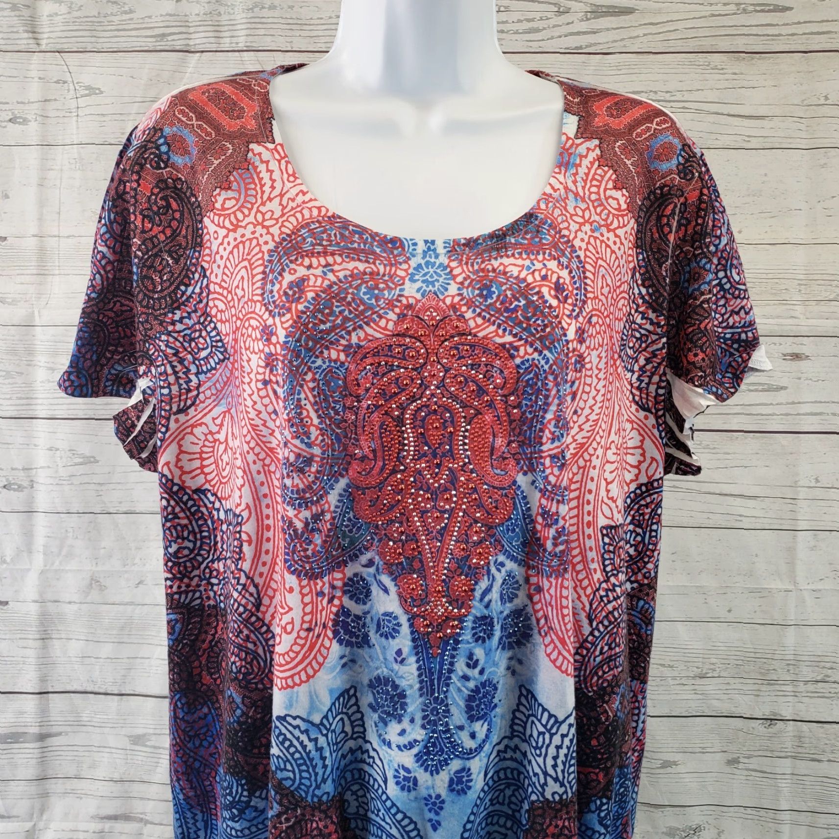 Vintage Chico's Womens Top XL Red Blue Paisley Embellished Smocked Waist Scoop Neck Blouse Shirt Womens, XL, Red, Paisley, Short Sleeve Size XL / US 12-14 / IT 48-50 - 2 Thumbnail