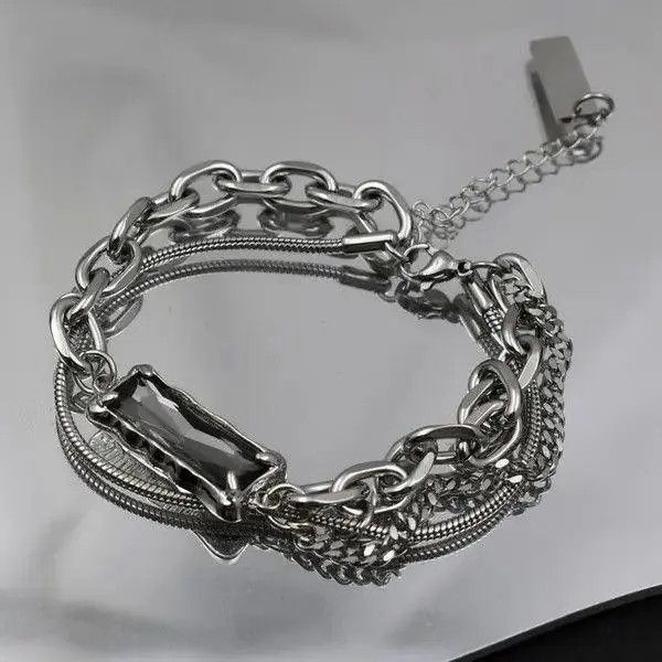 VIBE Titanium Steel Layered Black Crystal Charm Bracelet for Men Size ONE SIZE - 6 Thumbnail