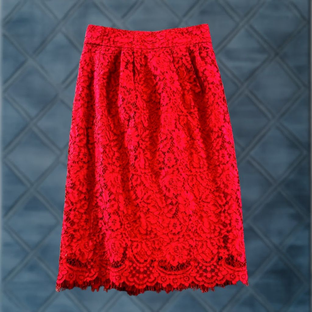 J.Crew J.Crew Straight & Pencil Skirt Women's 4 Red Viscose Floral Lace Pintucked Party (Size 4, Regular) Size 27" / US 4 / IT 40 - 1 Thumbnail