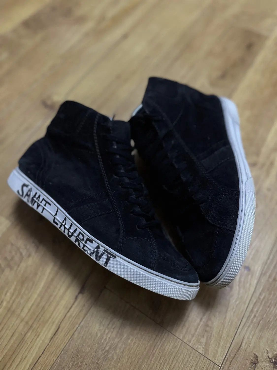 image of Saint Laurent Joe Distressed High Suede Sneakers in Black, Men's (Size 8)