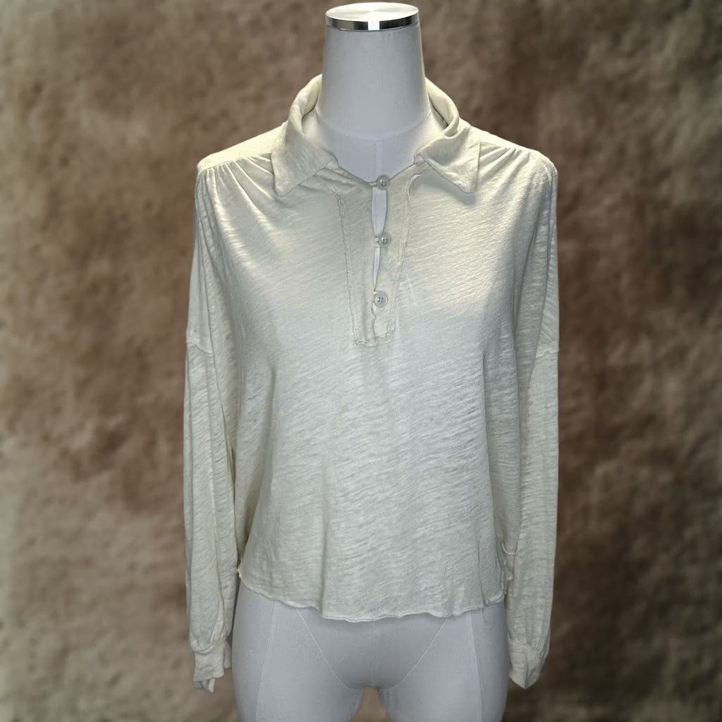 Vintage We The Free Rush Hour Tee Shirt Top Womens S Ivory Linen Bell Sleeve Long Sleeve Ruched Collared Bohemian Shirt Size S / US 4 / IT 40 - 1 Thumbnail
