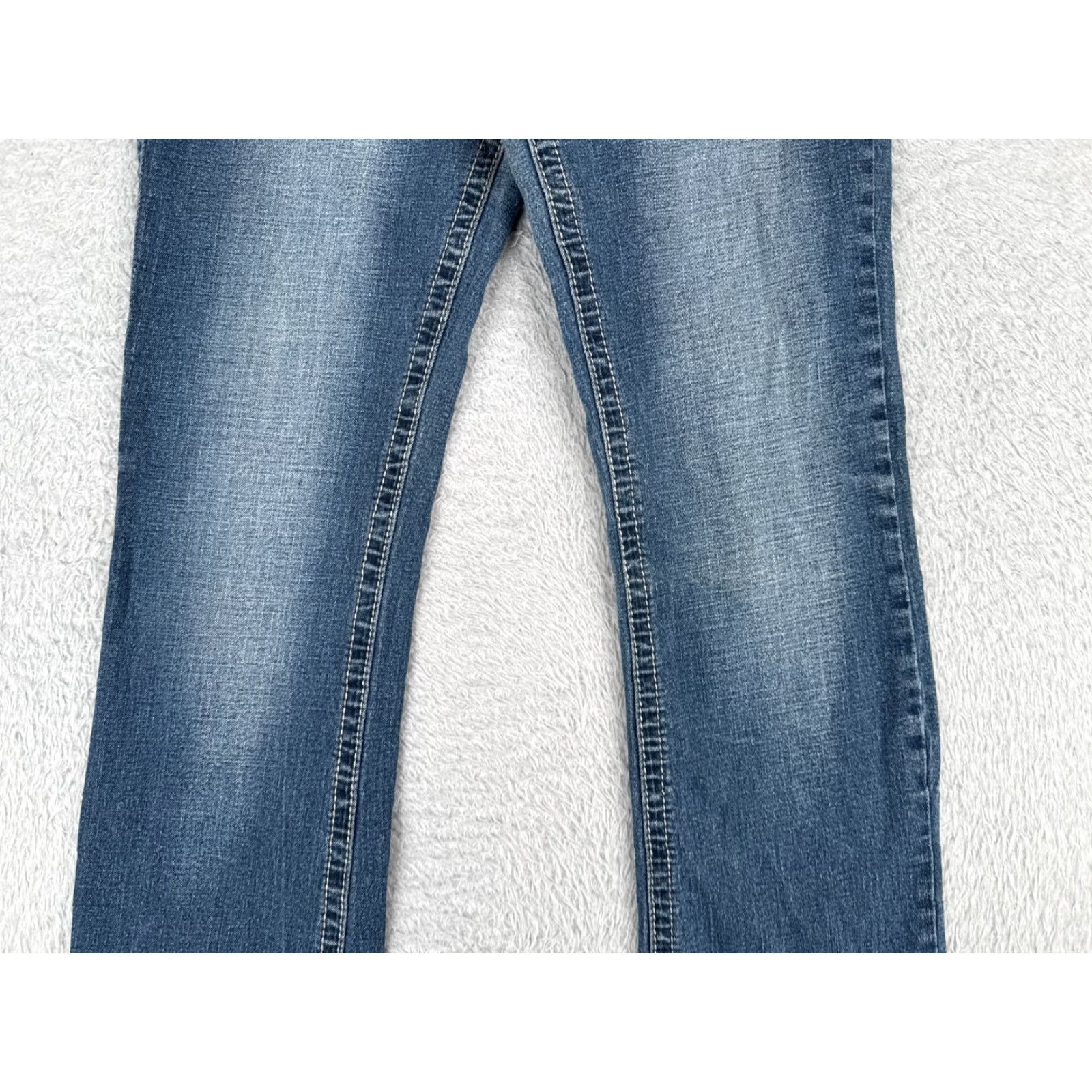 Denime Ariya Jeans Pants Juniors 15 Blue Denim Flared Mid Rise 32x31 Embroidered Distressed Stretch Cotton Size 36" / US 14 / IT 50 - 3 Thumbnail