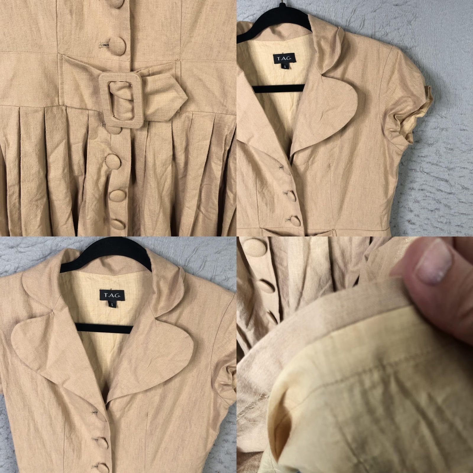Vintage T.A.G Dress Women S Beige Linen Button Front Pleated Belted Fit Flare Pinup Shirt Dress Size S / US 4 / IT 40 - 9 Thumbnail