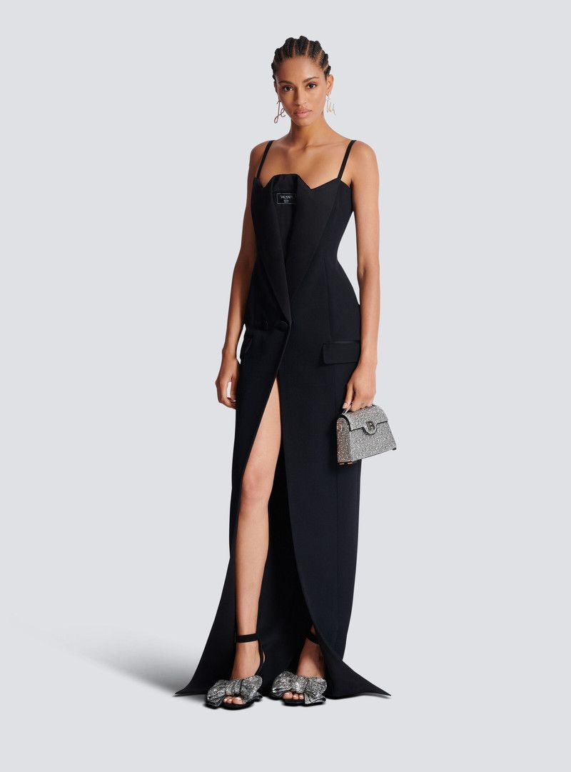 Balmain o1s1wg110526 Long Strappy Grain de Poudre Dress in Black Size L / US 10 / IT 46 - 2 Thumbnail