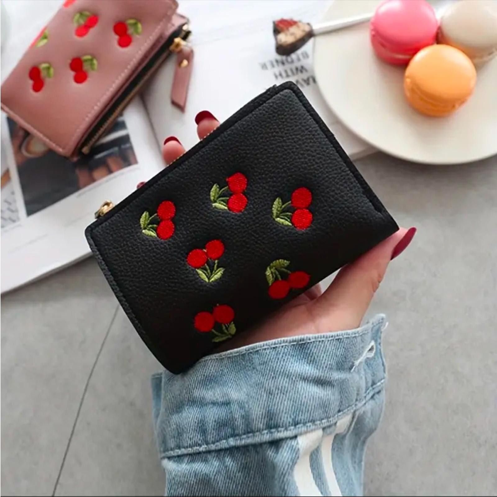 Designer Black Cherry Embroidered Vegan Leather Wallet Size ONE SIZE - 1 Thumbnail