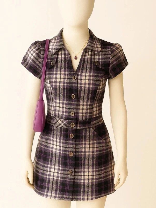 Japanese Brand Vintage Purple Plaid Mini Dress – 90s Y2K Button Up Outfit Size S / US 4 / IT 40 - 1 Thumbnail