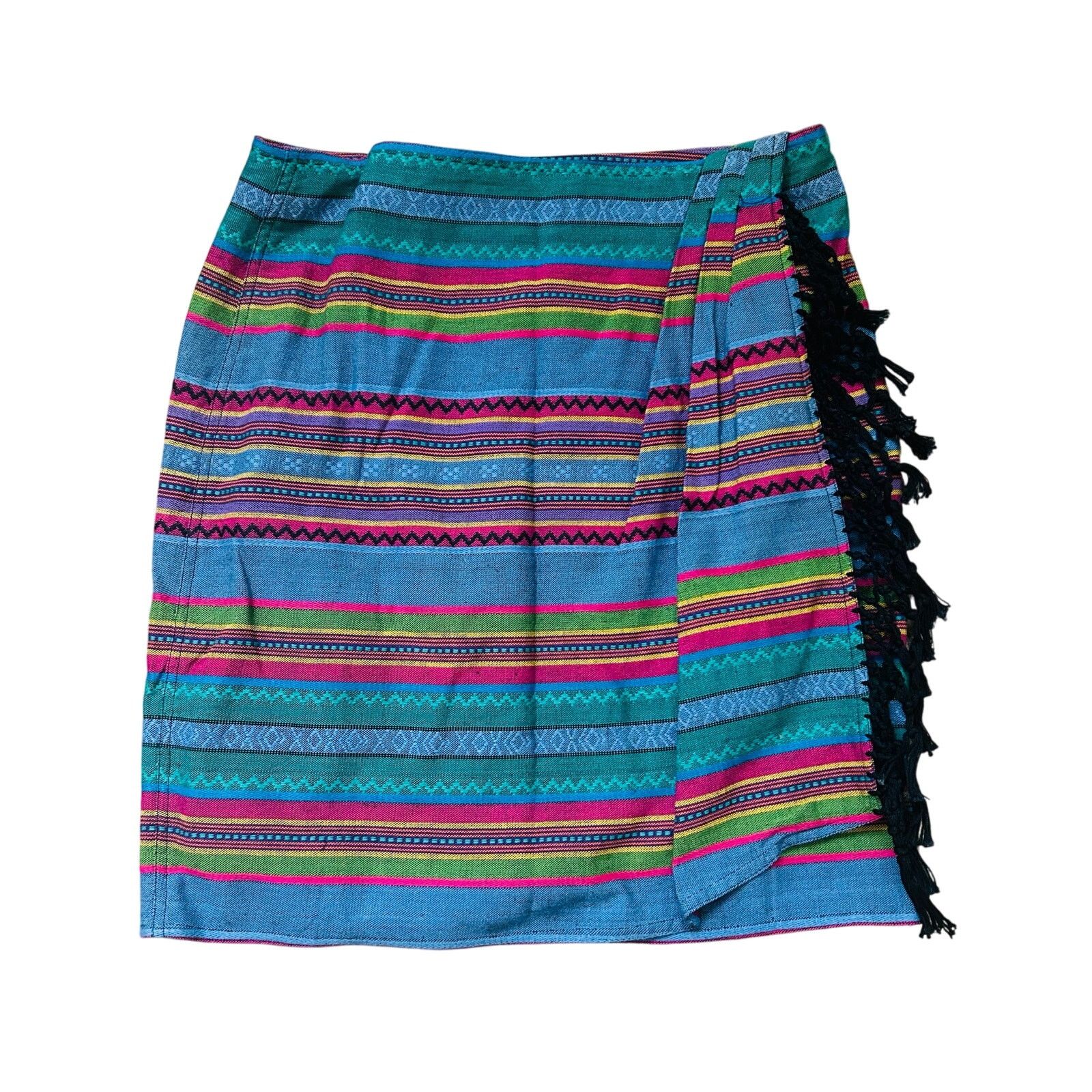 Vintage 90s Vintage Boho Mini Skirt Striped Fringe Cotton Large Size 31" - 2 Thumbnail