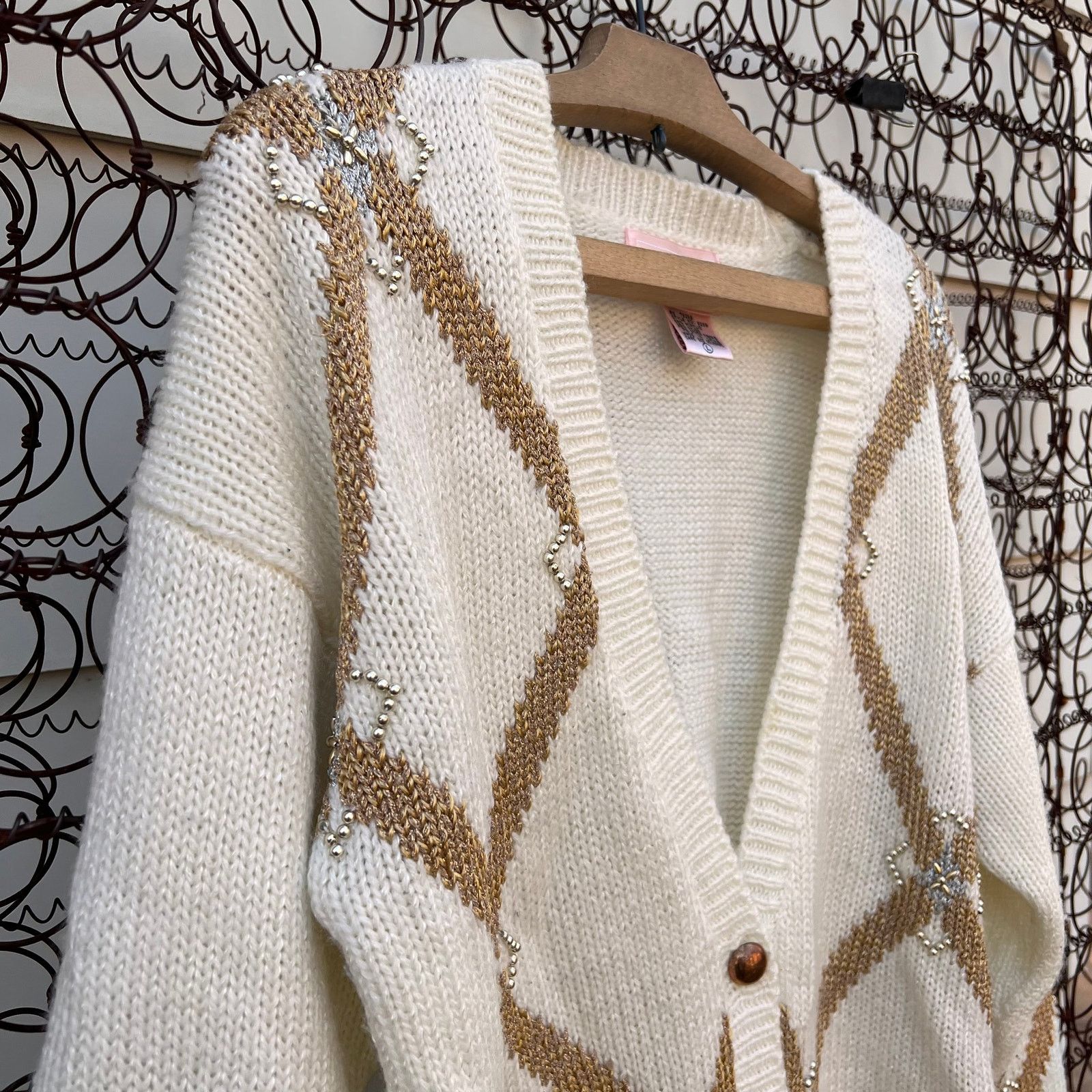 Vintage Argyle pattern bead detail button down cardigan sweater Size L / US 10 / IT 46 - 2 Thumbnail