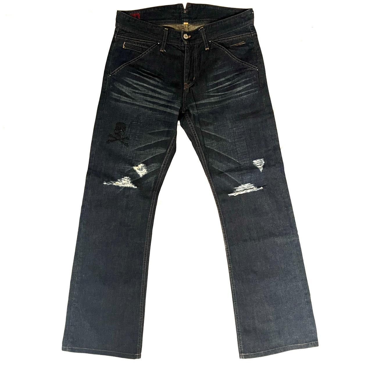 image of Number N Ine x Roen Skull Distressed Flared Jeans in Navy Blue, Men's (Size 32)