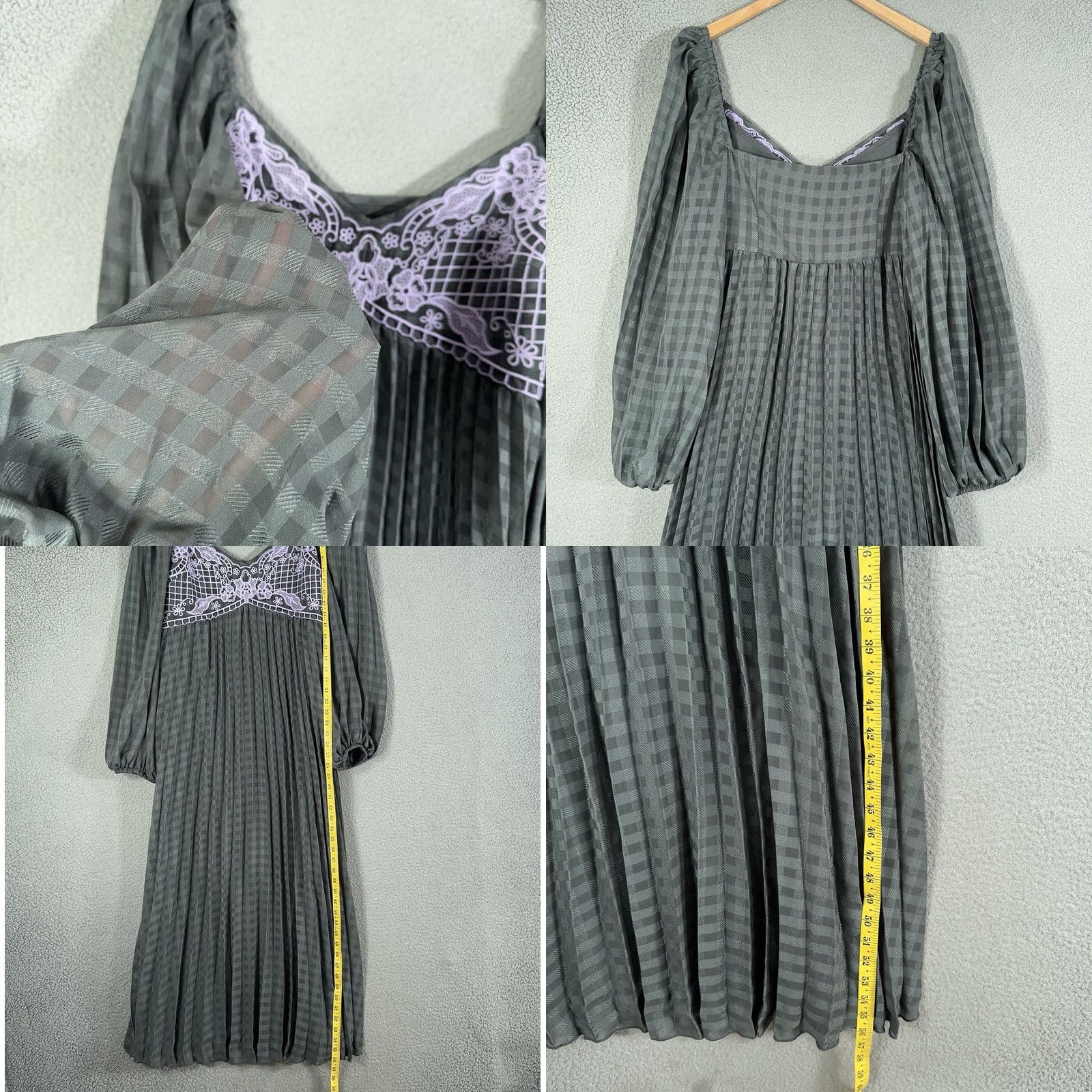 Asos ASOS Dress Womens 12 Gray Embroidered Pleated Lace Long Sleeve Fairy Coquette Whimsigoth Maxi Size XL / US 12-14 / IT 48-50 - 9 Thumbnail