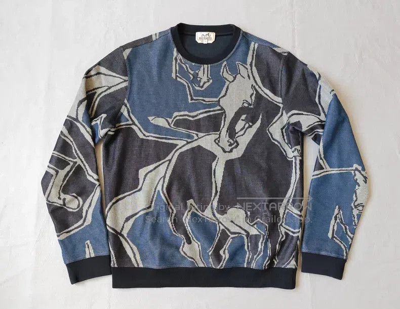 Hermes Hermes Round Neck Sweatshirt, Deep Blue, Cotton, Horse印花 P Size US M / EU 48-50 / 2 - 1 Thumbnail
