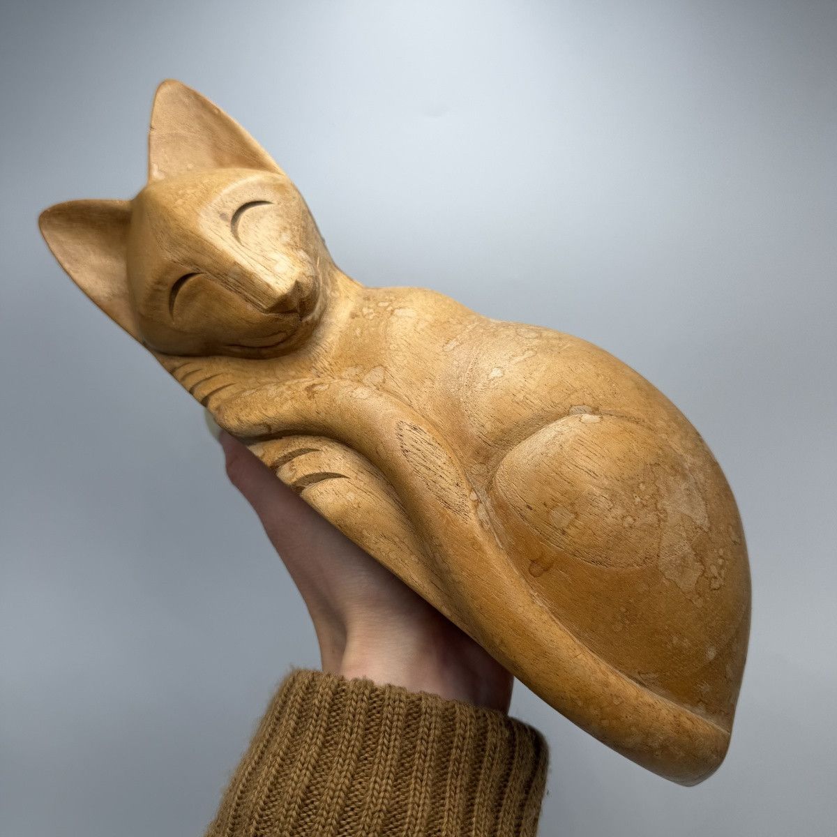 Vintage Vintage Hand Carved Solid Wood Sleeping Cat Figurine 27cm Size ONE SIZE - 5 Thumbnail
