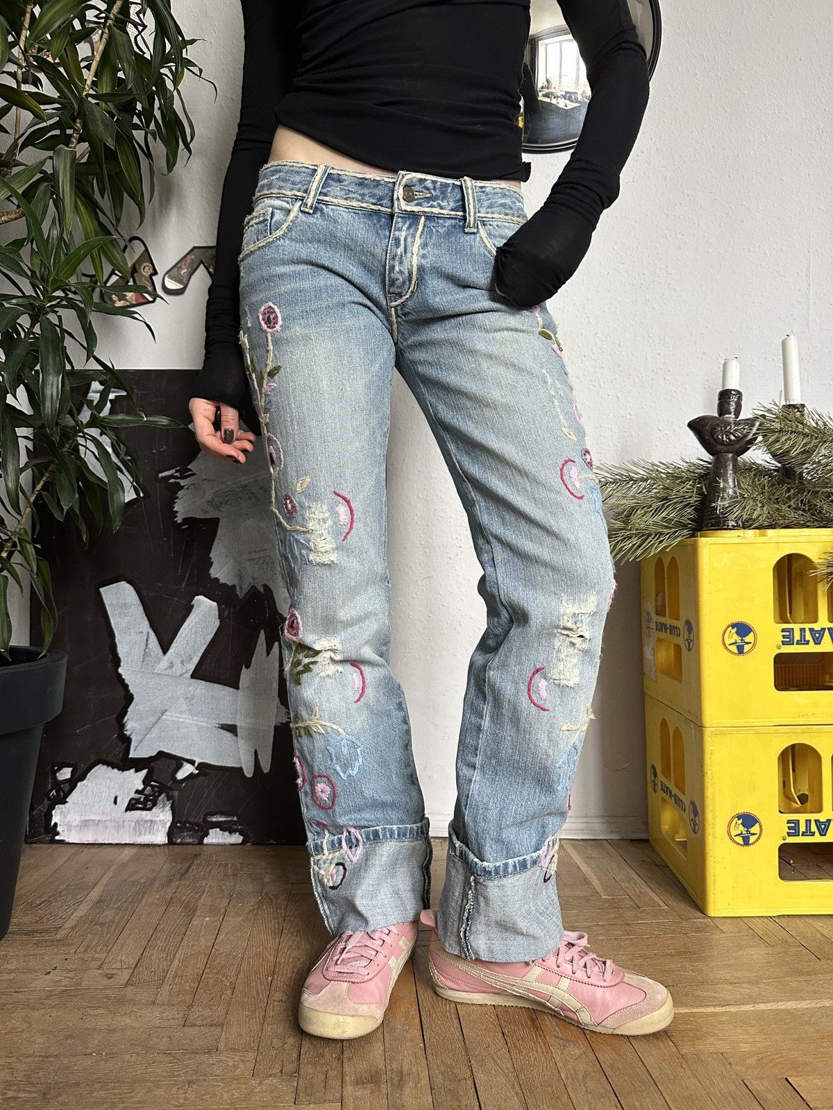 Japanese Brand Embroidery Bohemian Hippe Retro Floral Loose Fit Jeans Size 29" - 8 Thumbnail