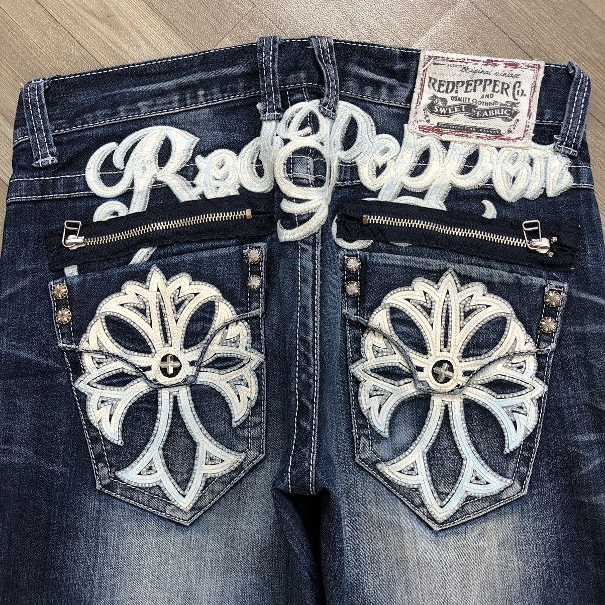 If Six Was Nine × Le Grande Bleu (L.G.B.) × Tornado Mart Y2K Red Pepper Distressed Embroidered Faded Denim Pants Size US 33 - 3 Thumbnail