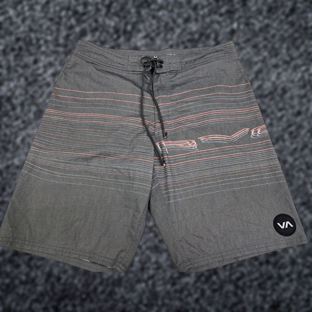 RVCA RVCA Men Striped Board Shorts Front Zipper 29 Grey Pink Blue Multicolor Beach Quick Dry Pockets Drawstring Back Pocket Surfing Adult Mens Size US 29 - 1 Thumbnail