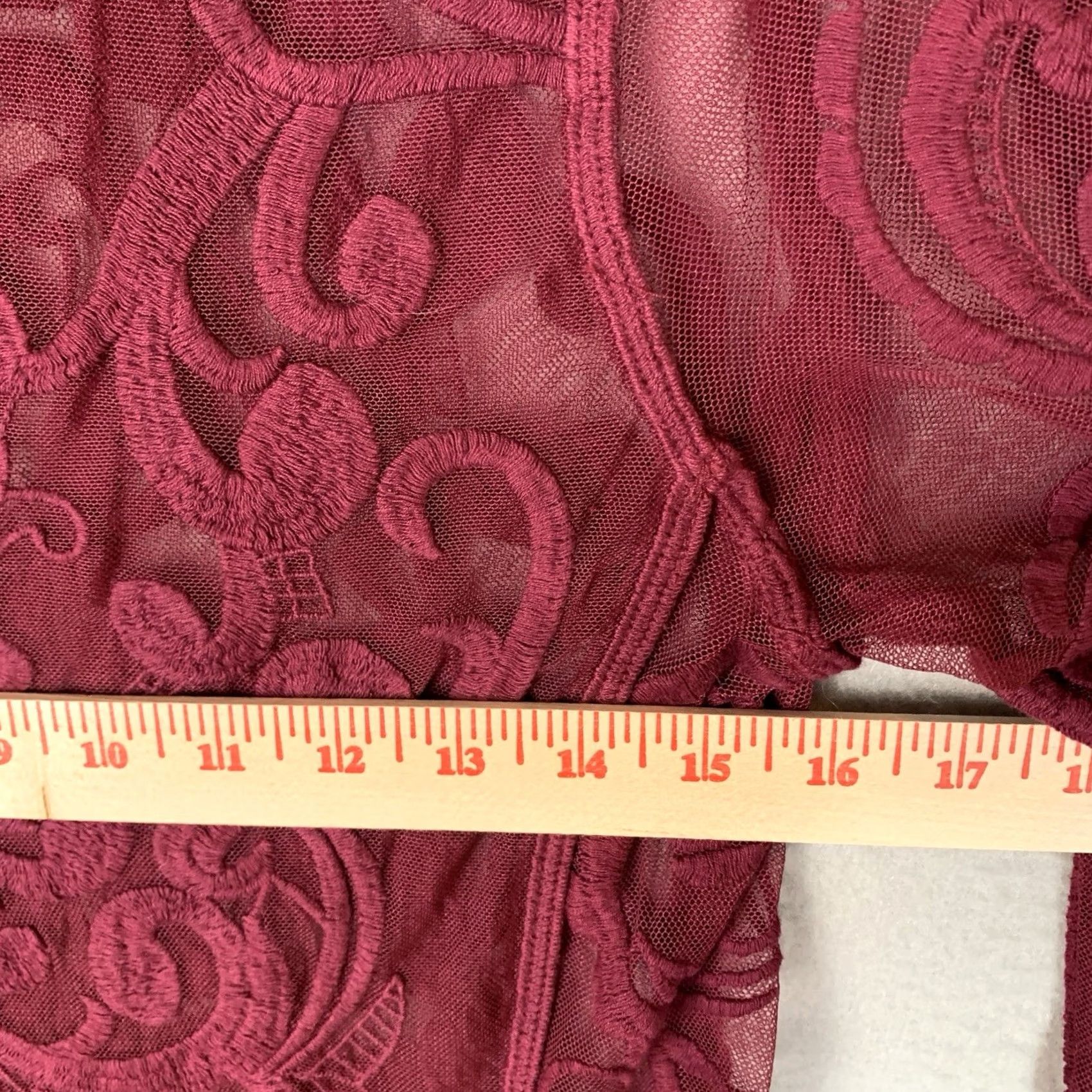 Express Express Blouse Women Small Maroon Floral Lace Sheer Goth Romantic Boho Shirt Long Sleeve Round Neck Pullover Embroidered Scalloped Hem NWT Express Top Size S / US 4 / IT 40 - 7 Thumbnail