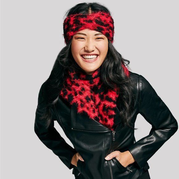DKNY DKNY Fuzzy Animal Print Knit Twist Headband, RED Size ONE SIZE - 2 Thumbnail