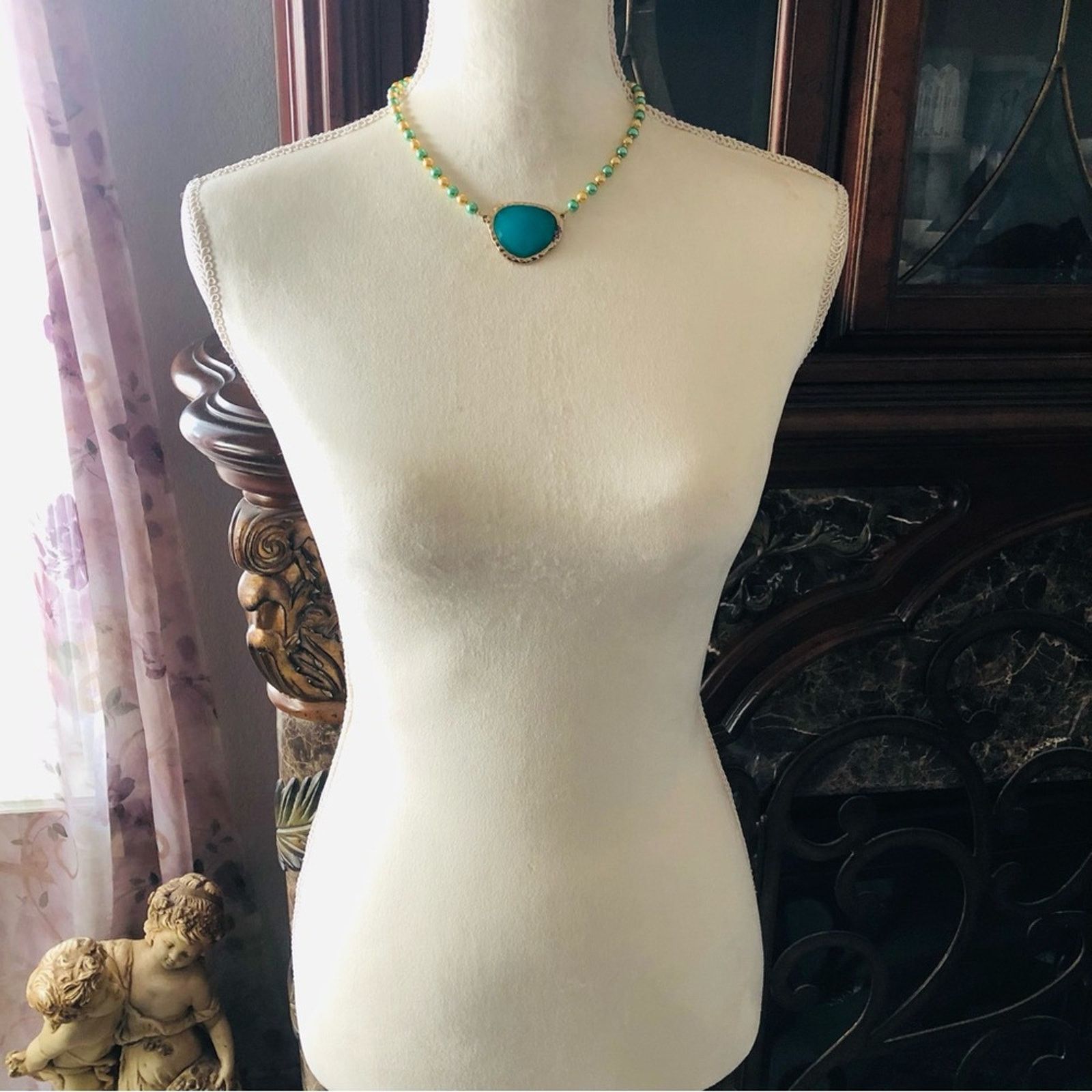 Handmade Handcrafted repurpose teal green dome glass Pearl necklace Size ONE SIZE - 6 Thumbnail