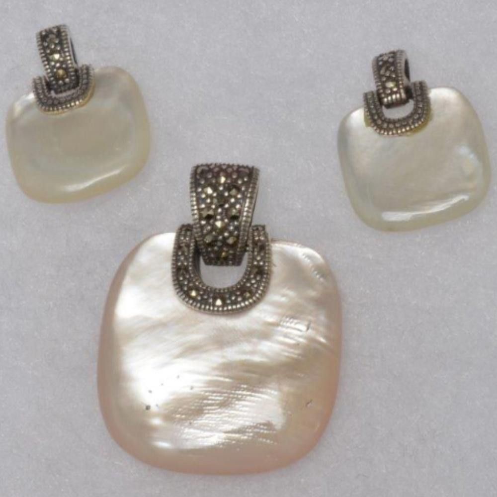 image of Designer Opal And Marcasite Pendant And Earrings Set in Silver, Women's