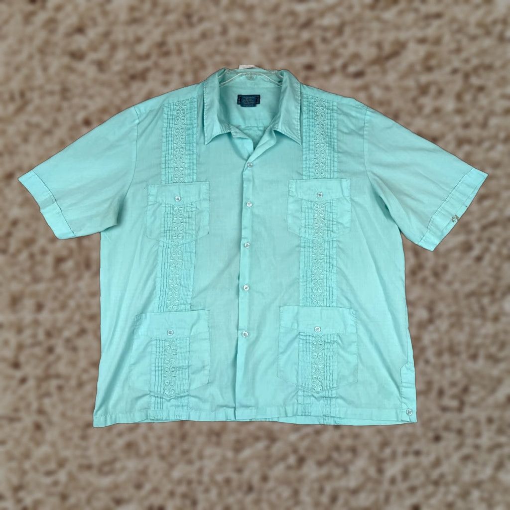 Vintage Tropicool Guayabera Shirt Men XL Blue 4 Pocket Short Sleeve Polyester Blend Button-Up Casual Aloha Beach Hawaiian Vacation Resort Mens Size US XL / EU 56 / 4 - 1 Thumbnail