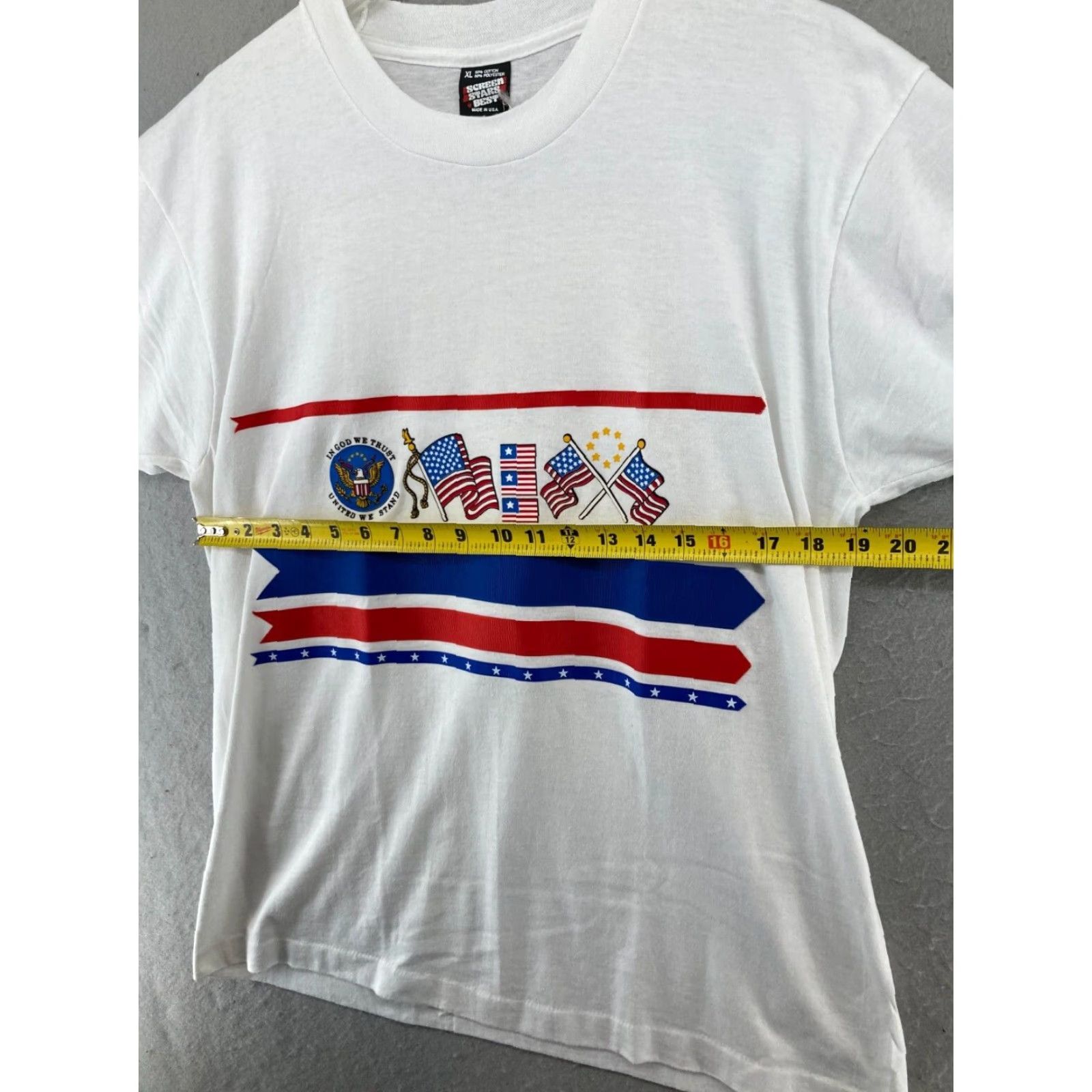 Vintage VINTAGE Screen Stars Best Mens TShirt XL White USA MADE Graphic Print Crew Neck Short Sleeve Cotton Polyester Jersey Patriotic 90s Flag USA Mens Size US XL / EU 56 / 4 - 2 Thumbnail