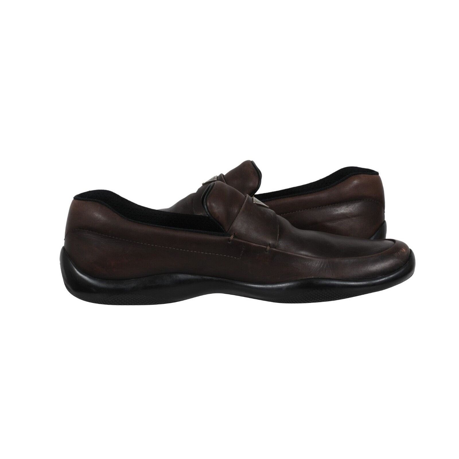 Prada Traingle Logo Plaque Loafers Brown Leather - 01768 Size US 11 / EU 44 - 8 Thumbnail