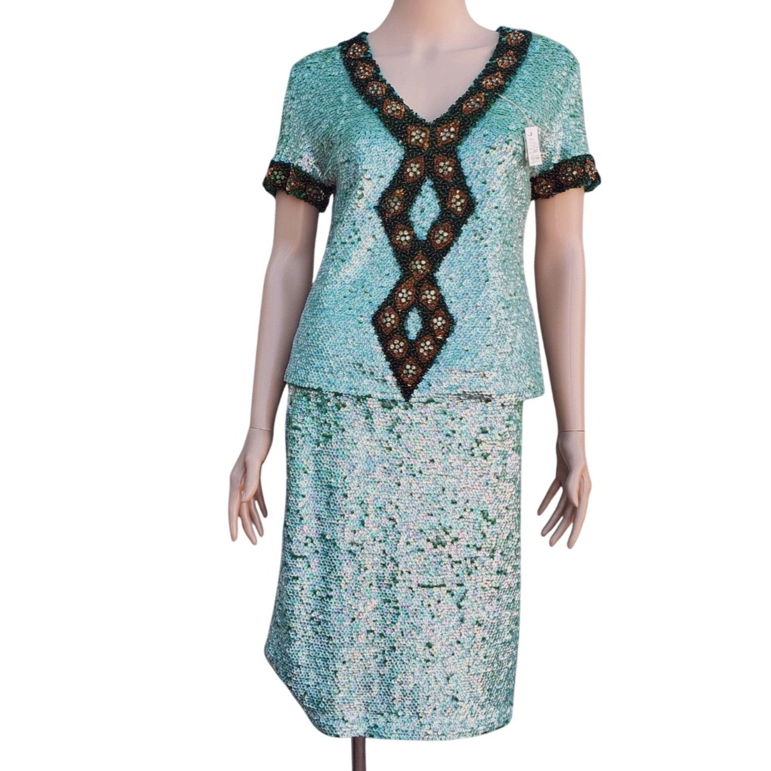 Vintage 60s Sequin Beaded Rhinestone Skirt Set M NWT Turquoise Green Size M / US 6-8 / IT 42-44 - 1 Thumbnail