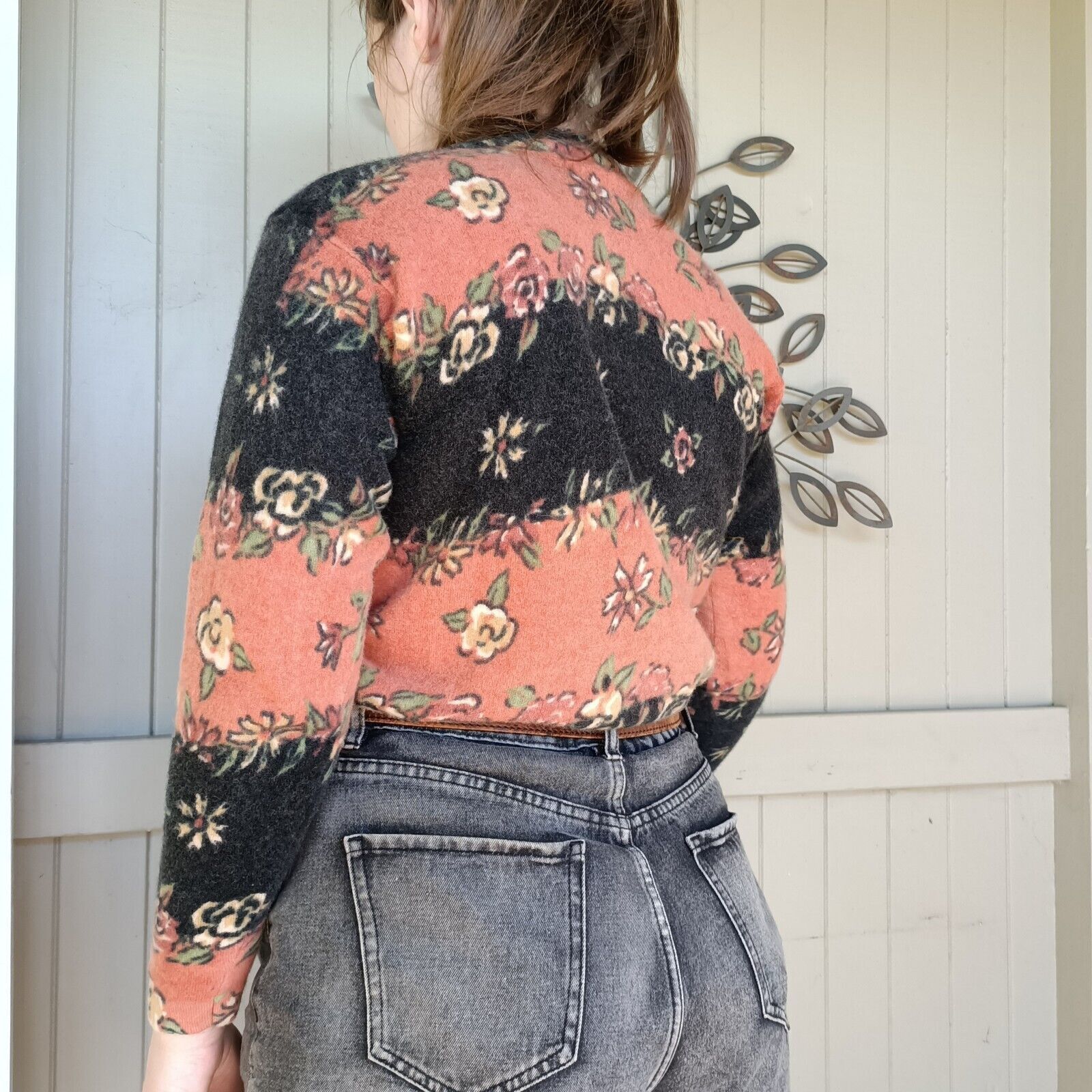 Other Vintage 80s 90s Sweater Orange Floral Striped Lambswool Size M / US 6-8 / IT 42-44 - 4 Thumbnail
