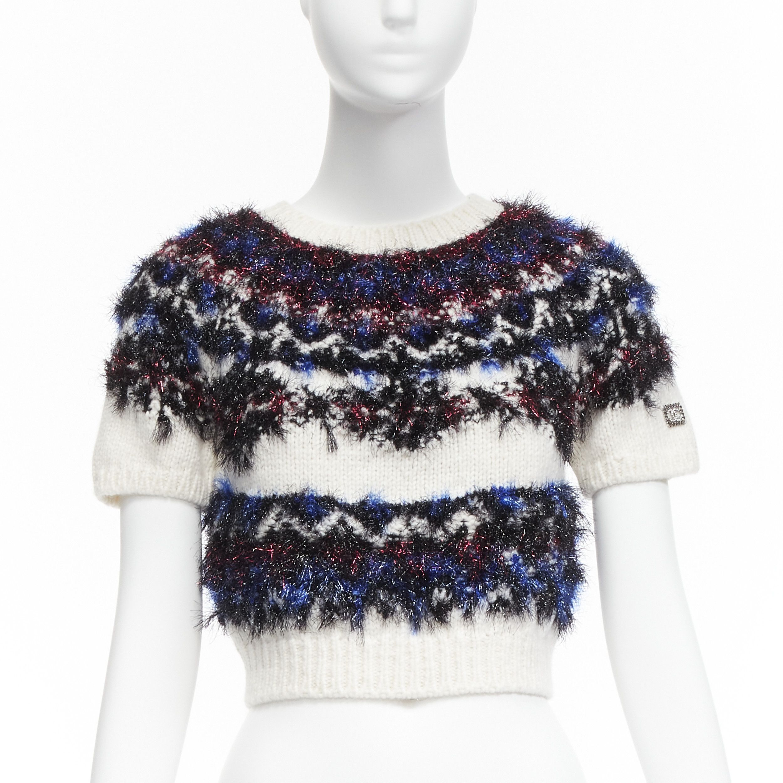 Chanel CHANEL pink blue fluffy lurex cream intarsia crystal CC logo cropped sweater FR34 XS Size XS / US 0-2 / IT 36-38 - 1 Thumbnail