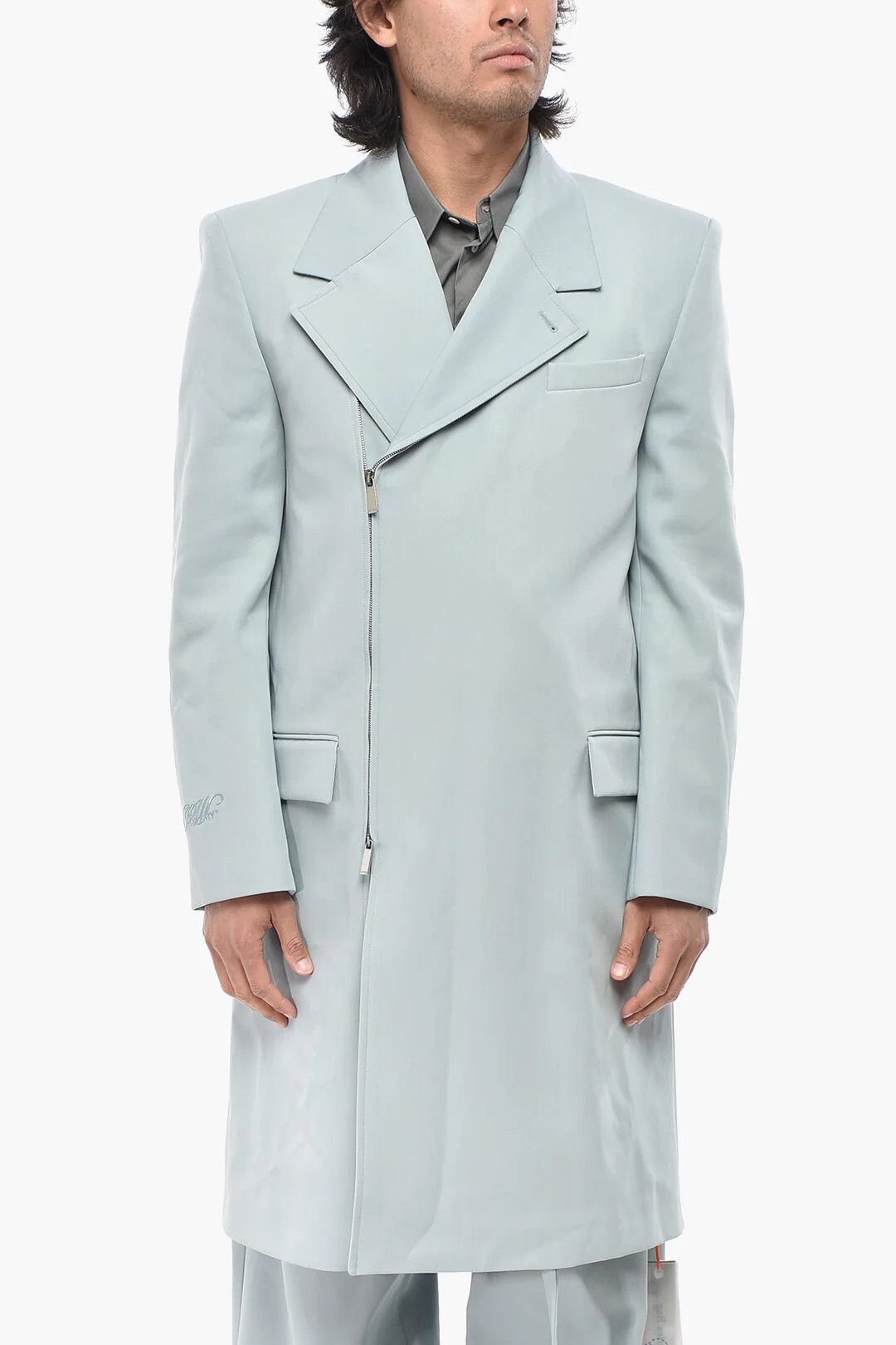 Off-White og1mm0426 Wool-Blend Double-Breasted Coat in Light Blue Size US L / EU 52-54 / 3 - 1 Thumbnail