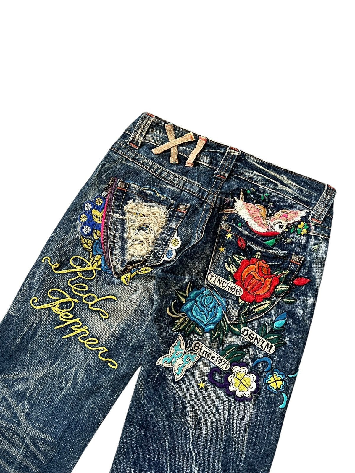 Japanese Brand Y2K Red Pepper Embroidery Flare Denim Size US 29 - 3 Thumbnail